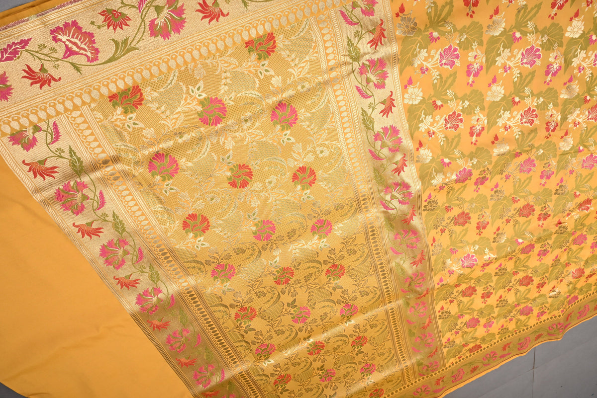 Mustard Yellow Semi Silk Saree with Meenakari Floral-Leaves Brocade and Zari Border | SHOBITAM