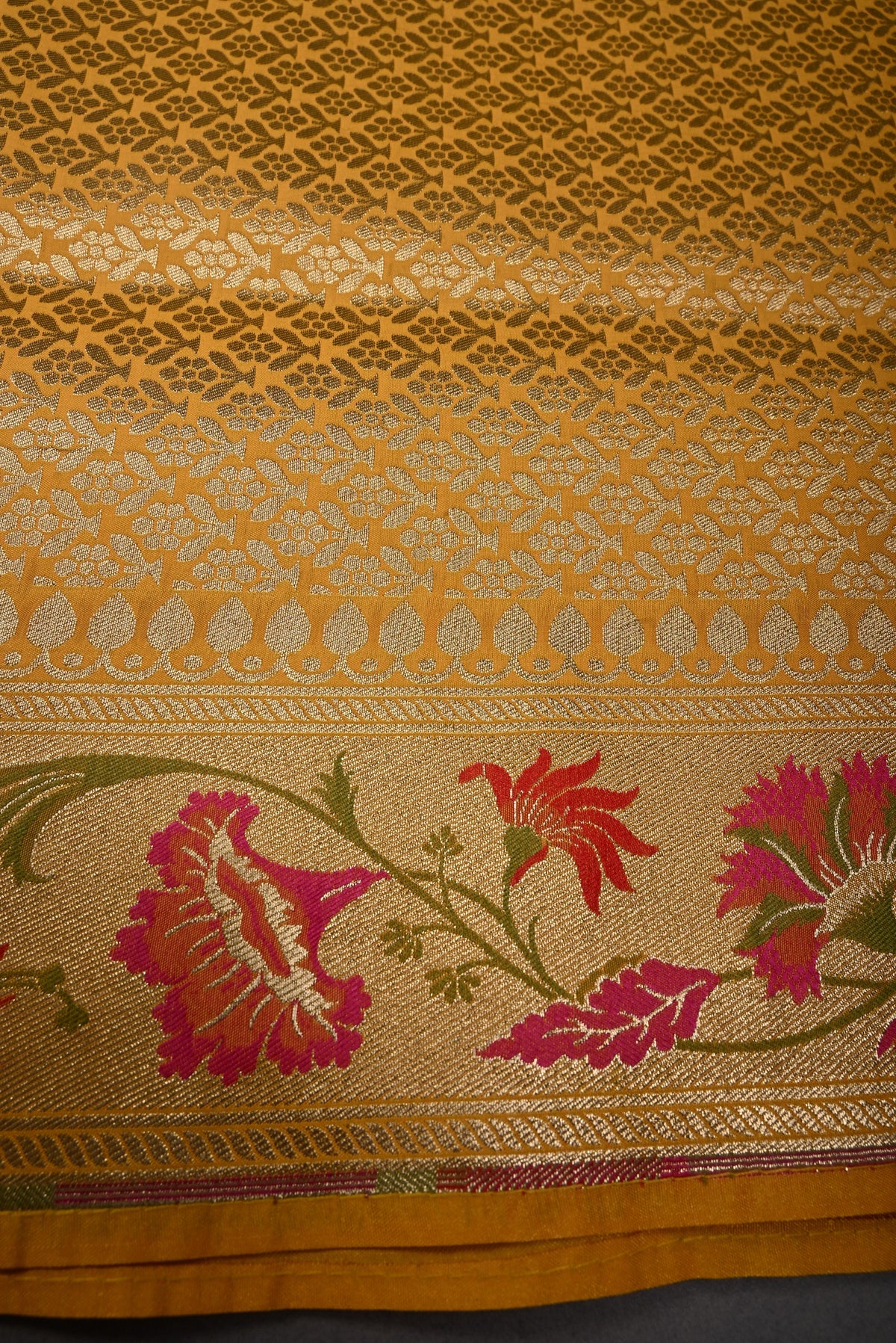 Mustard Yellow Semi Silk Saree with Meenakari Floral-Leaves Brocade and Zari Border | SHOBITAM