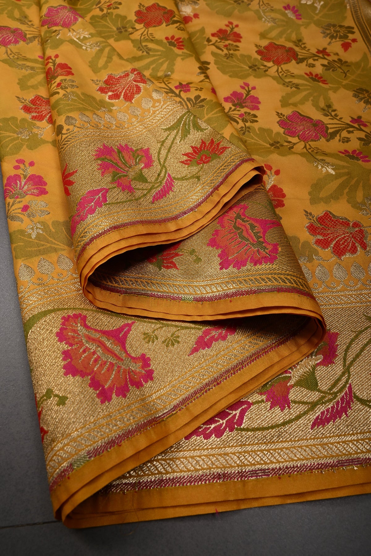 Mustard Yellow Semi Silk Saree with Meenakari Floral-Leaves Brocade and Zari Border | SHOBITAM