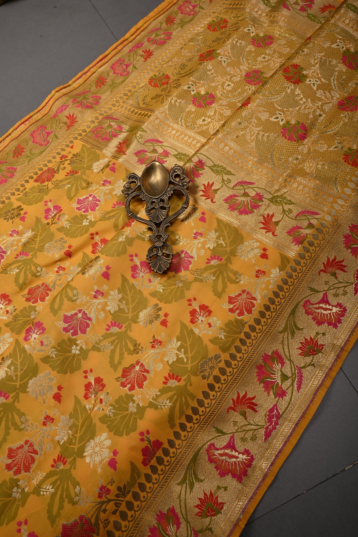 Mustard Yellow Semi Silk Saree with Meenakari Floral-Leaves Brocade and Zari Border | SHOBITAM