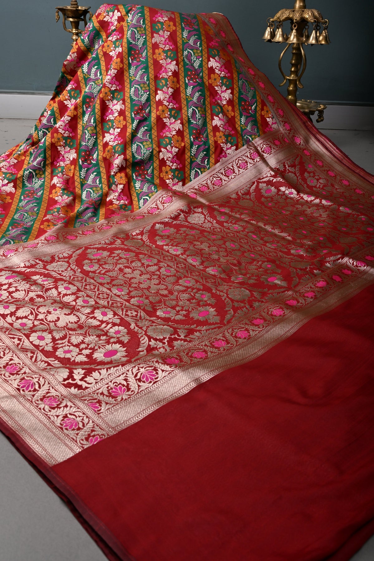 Red Semi Silk Saree with Meenakari Rangkaat Leheriya and Zari Border | SHOBITAM