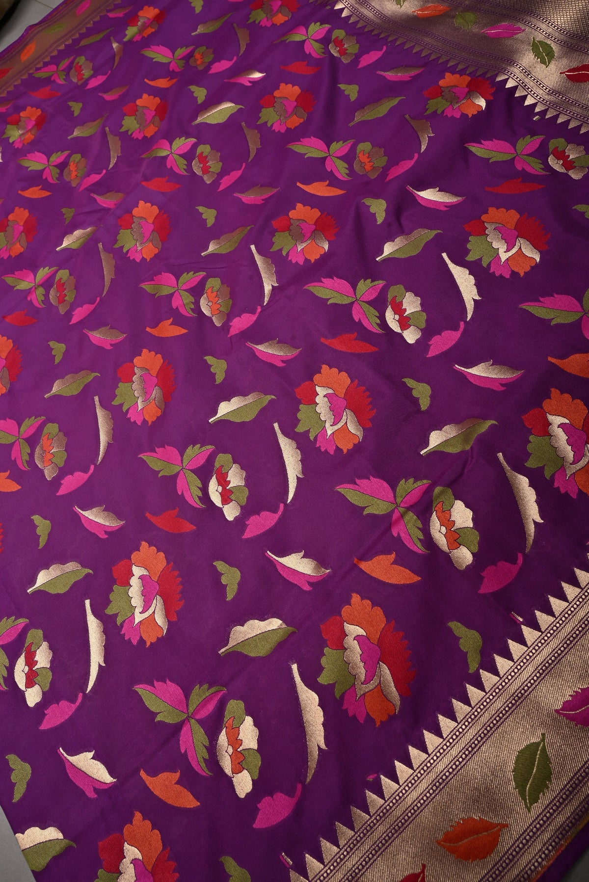 Eggplant Purple Semi Silk Saree with Meenakari Floral-Leaves and Zari Border | SHOBITAM