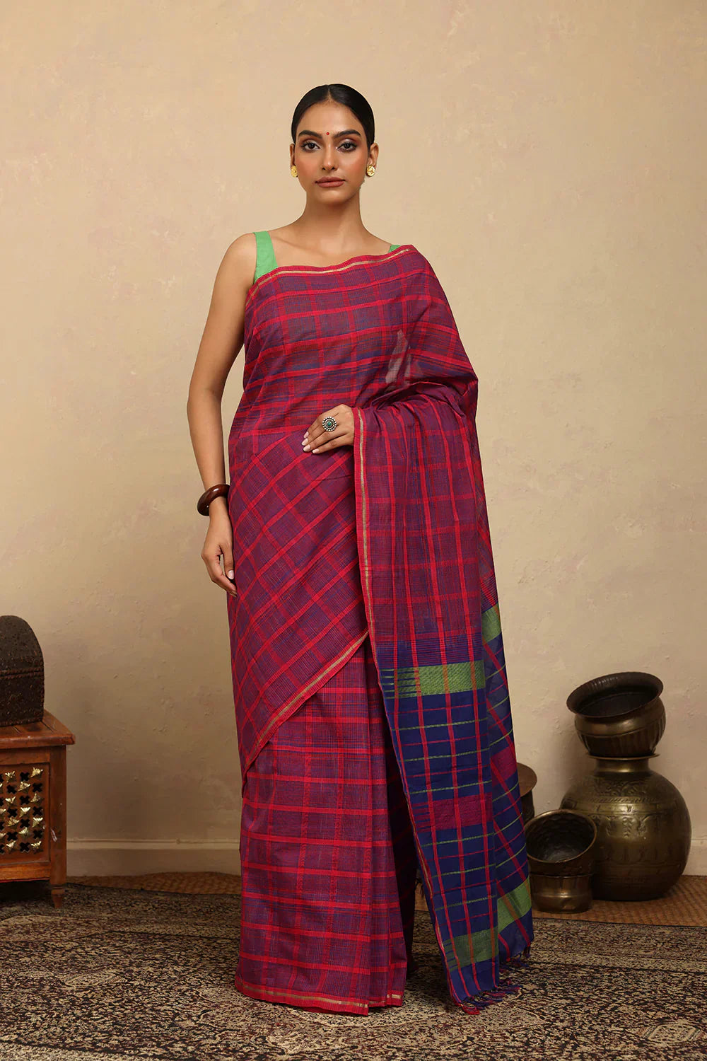 Handloom Hot Pink & Blue Check Kanchi Cotton Saree | Shobitam