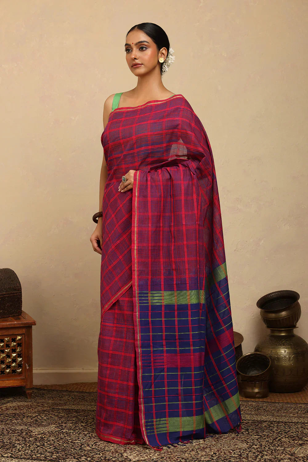 Handloom Hot Pink & Blue Check Kanchi Cotton Saree | Shobitam