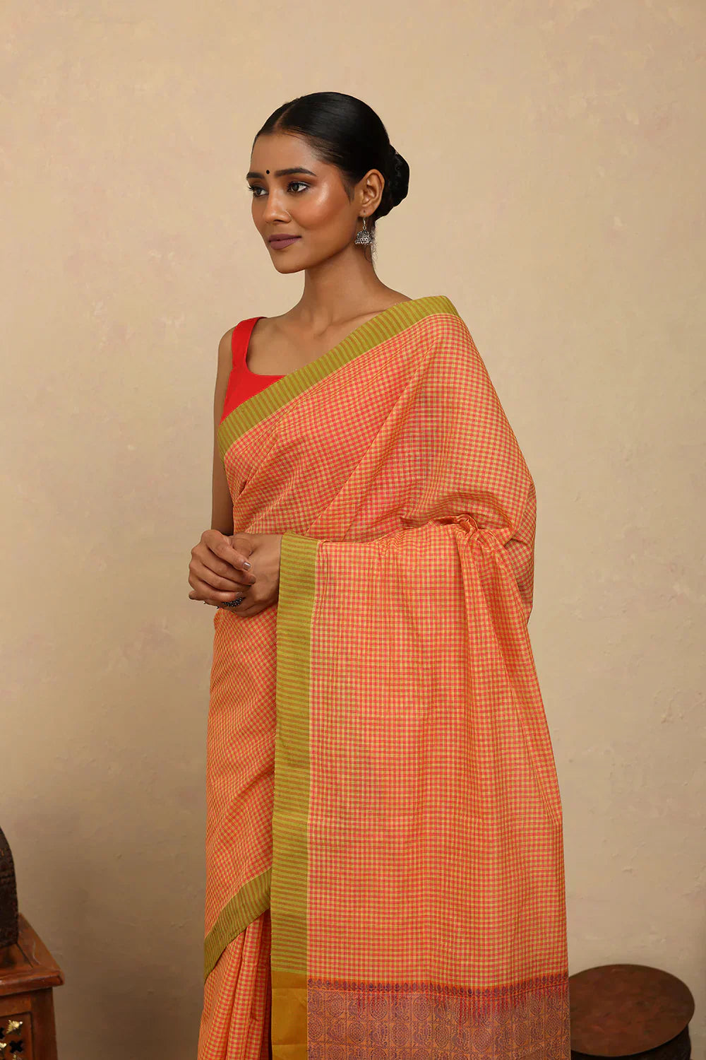 Handloom Soft Orange Mini Checks Kanchi Cotton Saree | Shobitam
