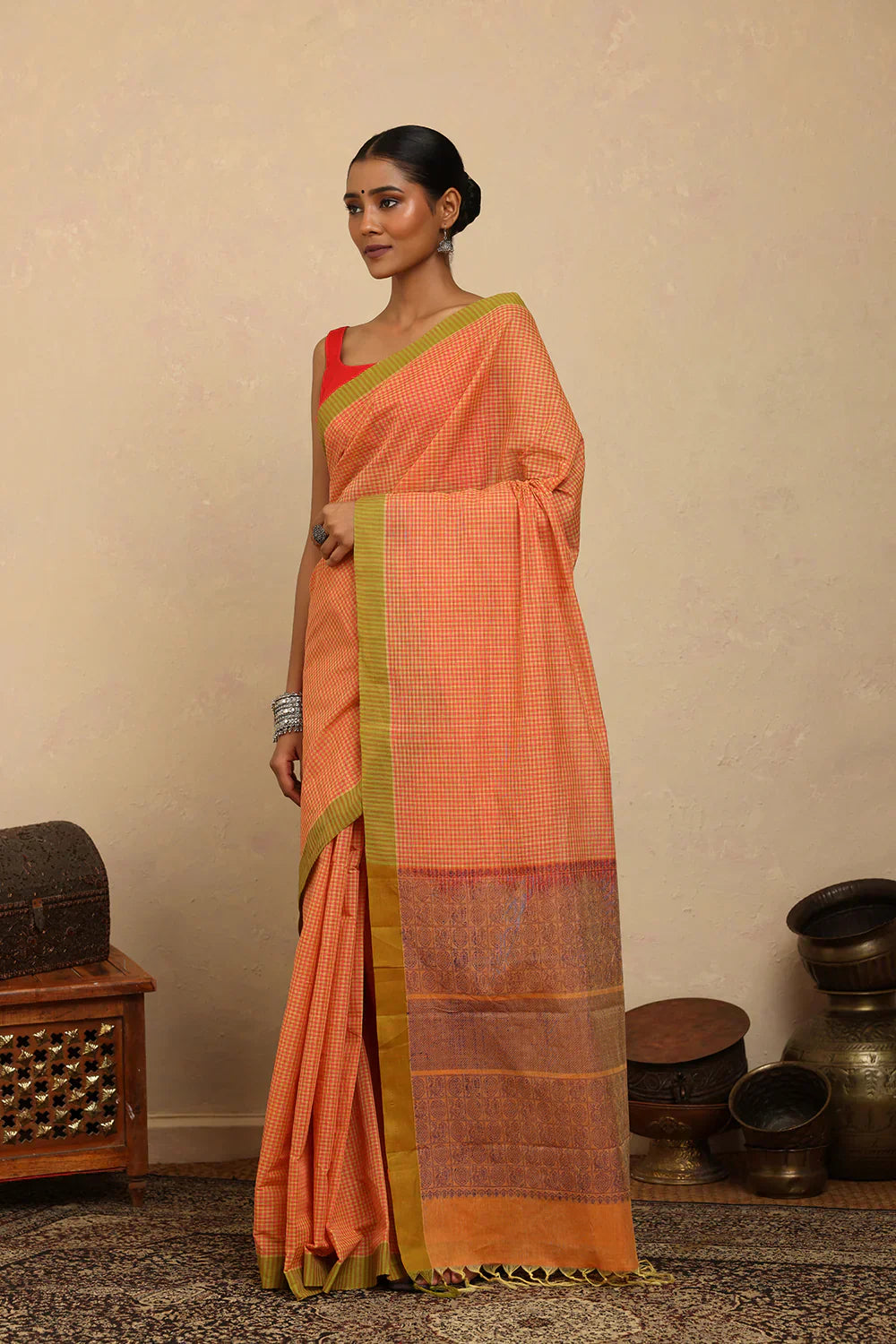 Handloom Soft Orange Mini Checks Kanchi Cotton Saree | Shobitam
