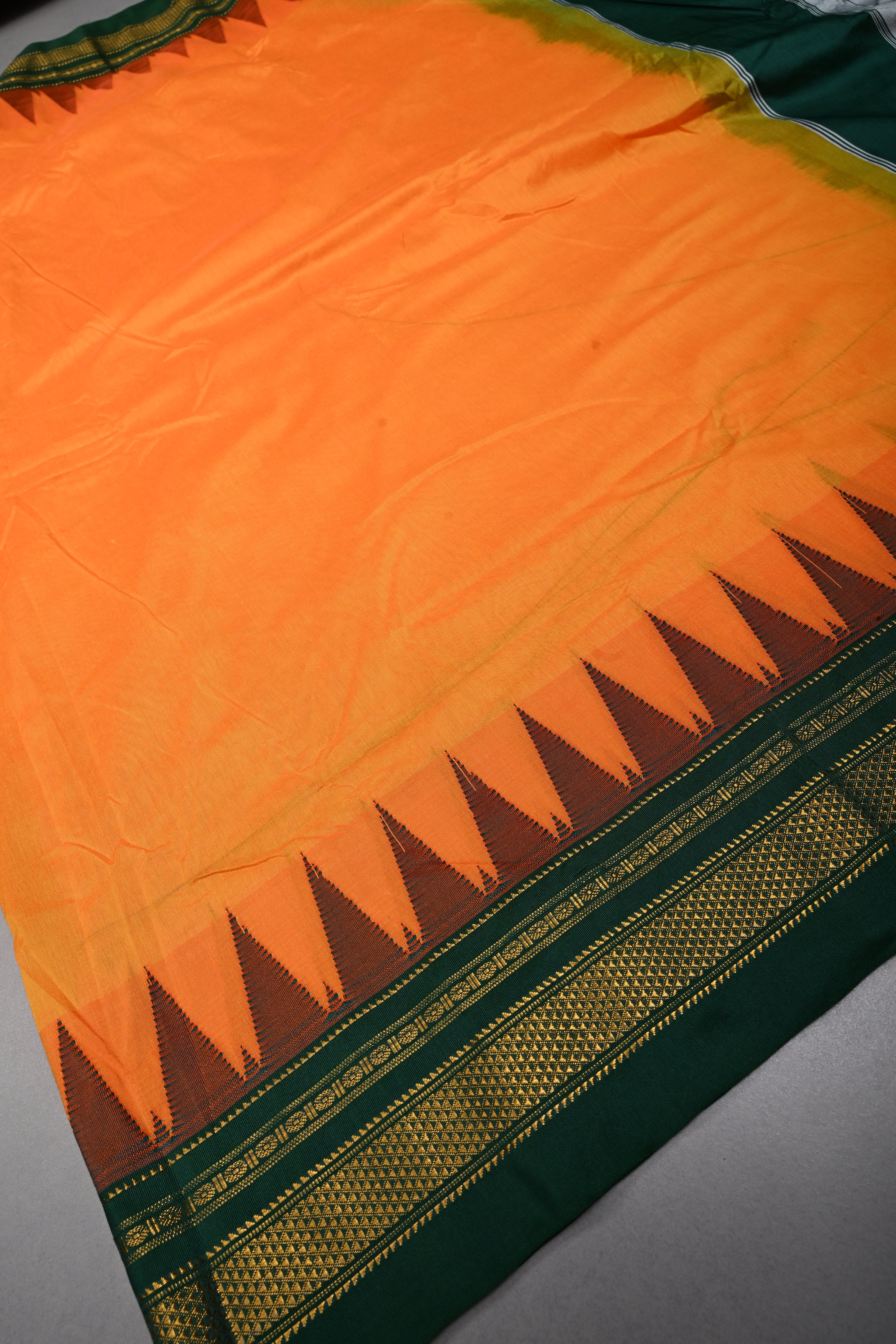 Orange Ilkal Weave Mercerized Bagalkote Cotton Saree with Temple Panel on Contrast Zari Border | SHOBITAM