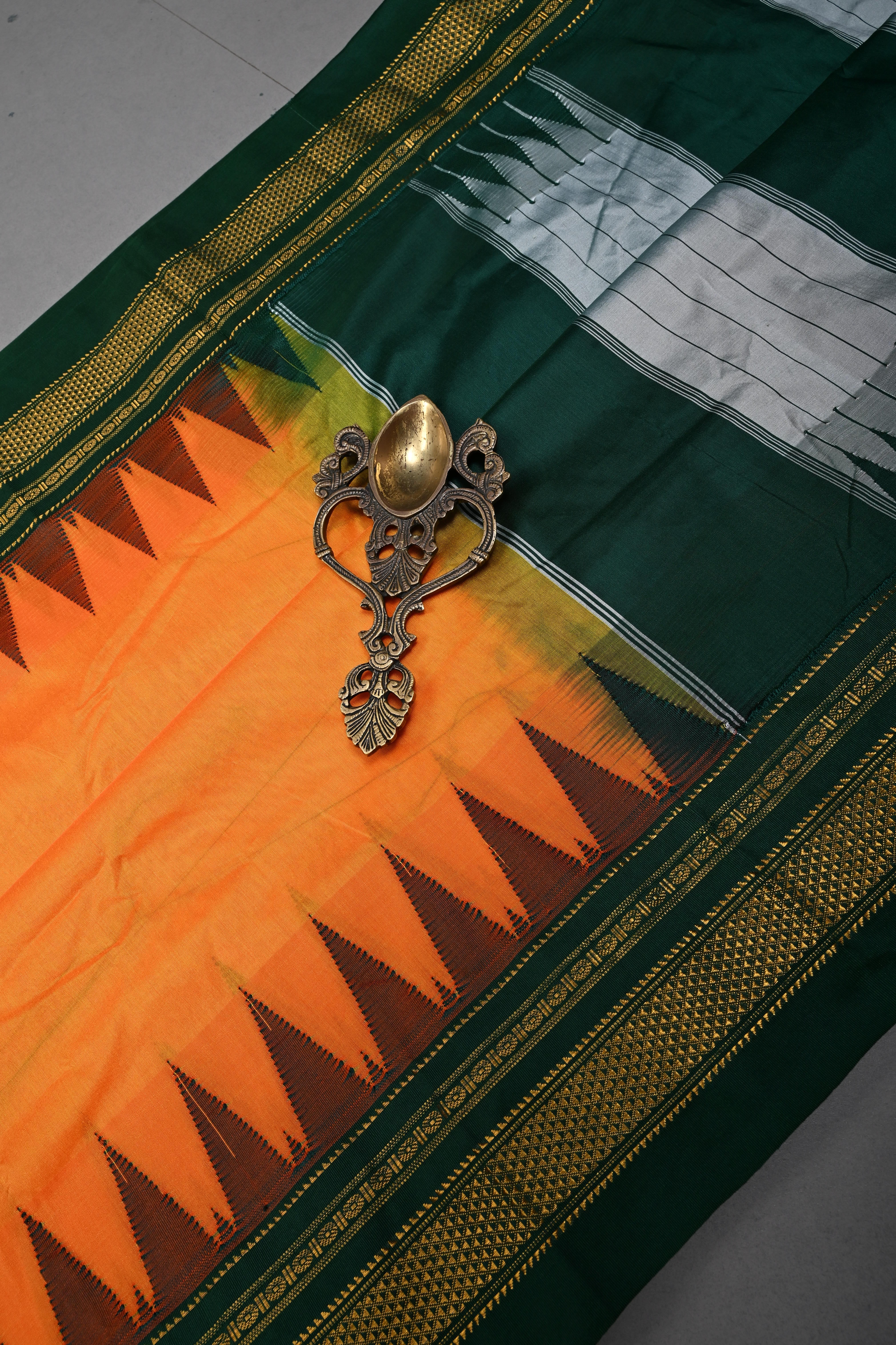 Orange Ilkal Weave Mercerized Bagalkote Cotton Saree with Temple Panel on Contrast Zari Border | SHOBITAM