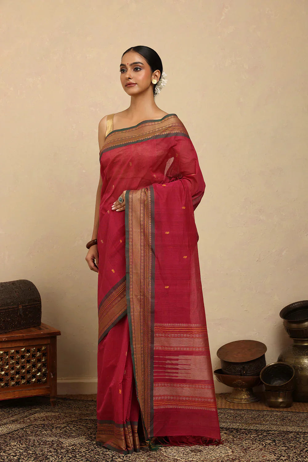 Handloom Pink Kanchi Cotton Saree with Woven Border | Shobitam