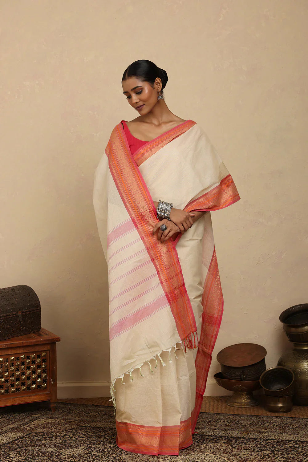 Handloom Off White Kanchi Cotton Saree with Woven Pink Border | Shobitam
