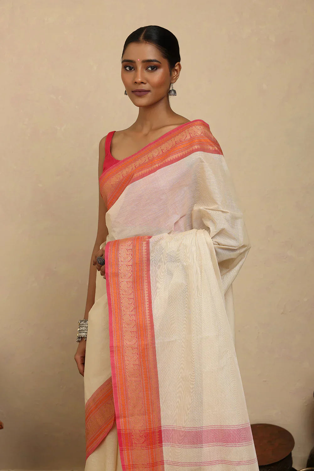 Handloom Off White Kanchi Cotton Saree with Woven Pink Border | Shobitam