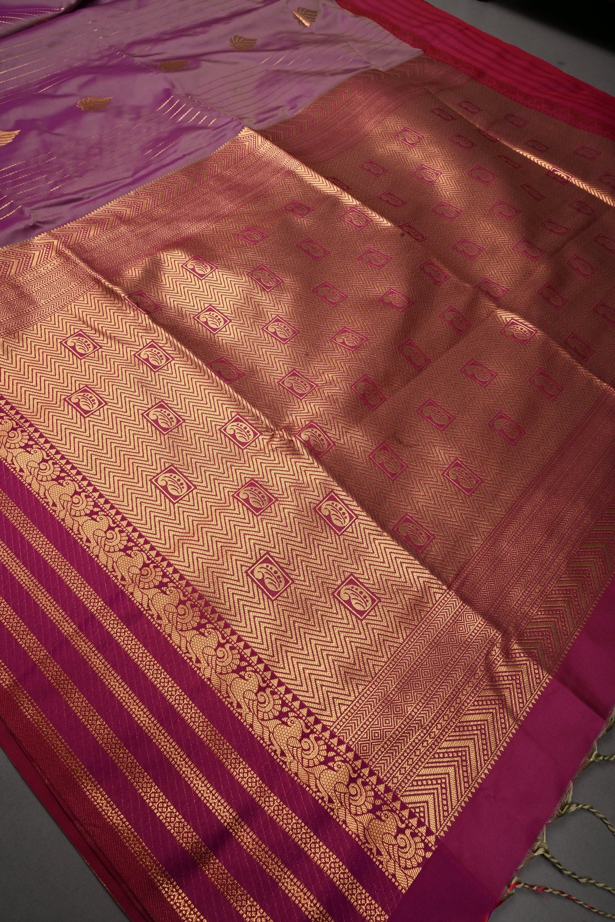 Purple Dual tone Vertical Zari Stripes on Kanchi Semi Silk Saree with Zari Buttas and Contrast Zari Border | SHOBITAM