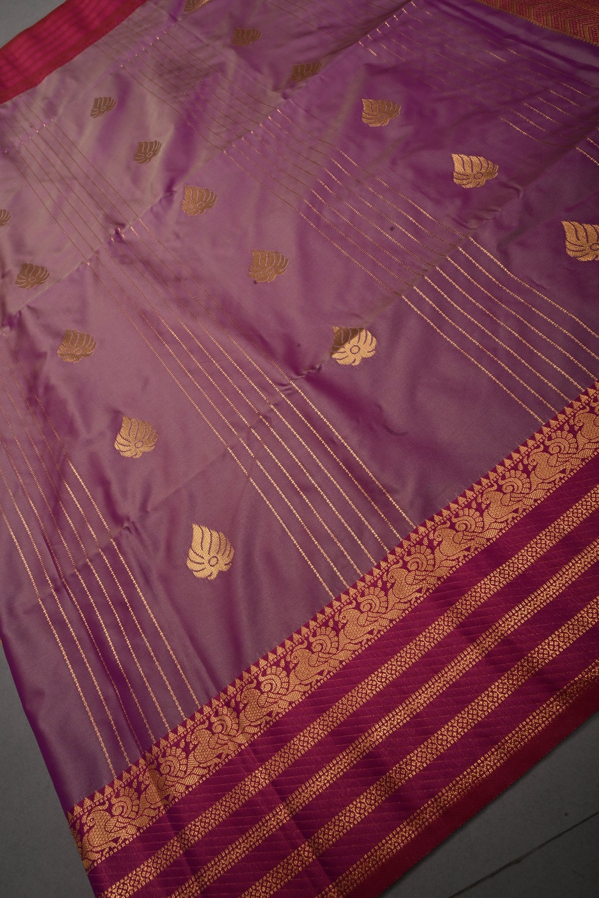 Purple Dual tone Vertical Zari Stripes on Kanchi Semi Silk Saree with Zari Buttas and Contrast Zari Border | SHOBITAM