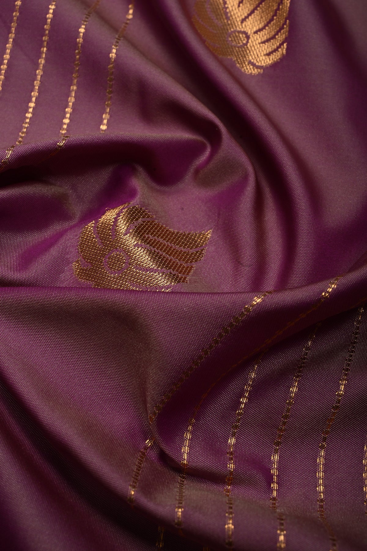 Purple Dual tone Vertical Zari Stripes on Kanchi Semi Silk Saree with Zari Buttas and Contrast Zari Border | SHOBITAM