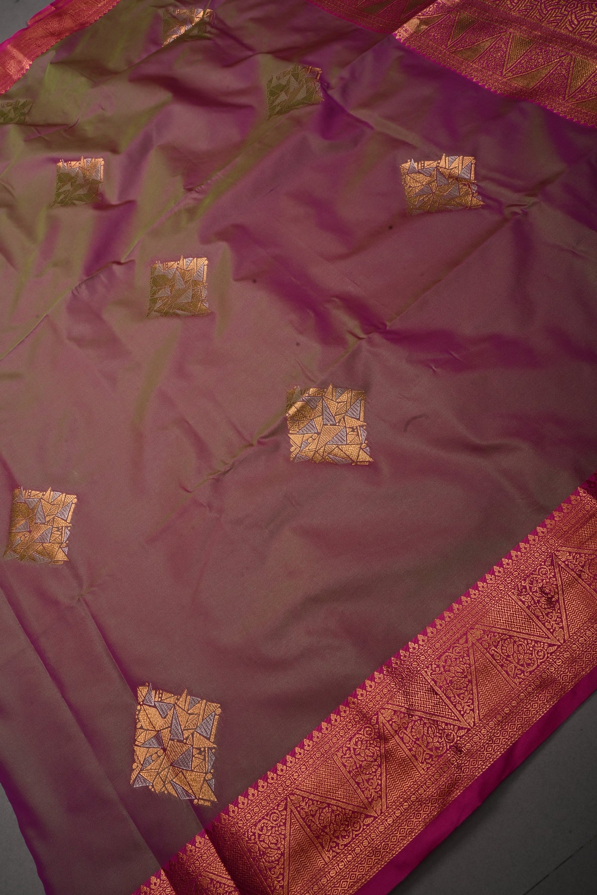 Pink-Green Kanchi Semi Silk Saree with Geometric Zari Buttas and Zari Border | SHOBITAM
