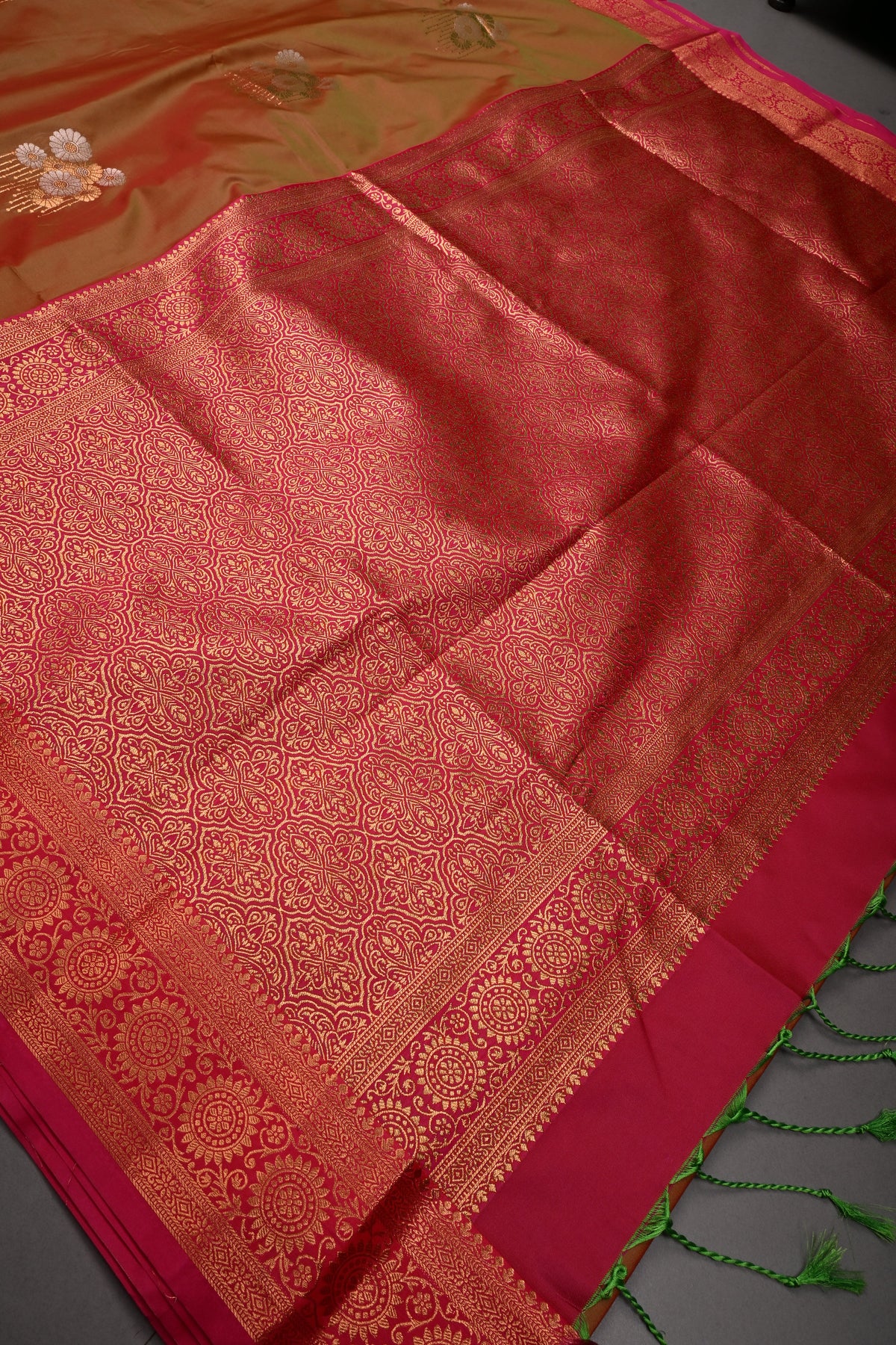 Pink-Green Dual Tone Kanchi Semi Silk Saree with Sona Rupa Butta and Zari Border | SHOBITAM