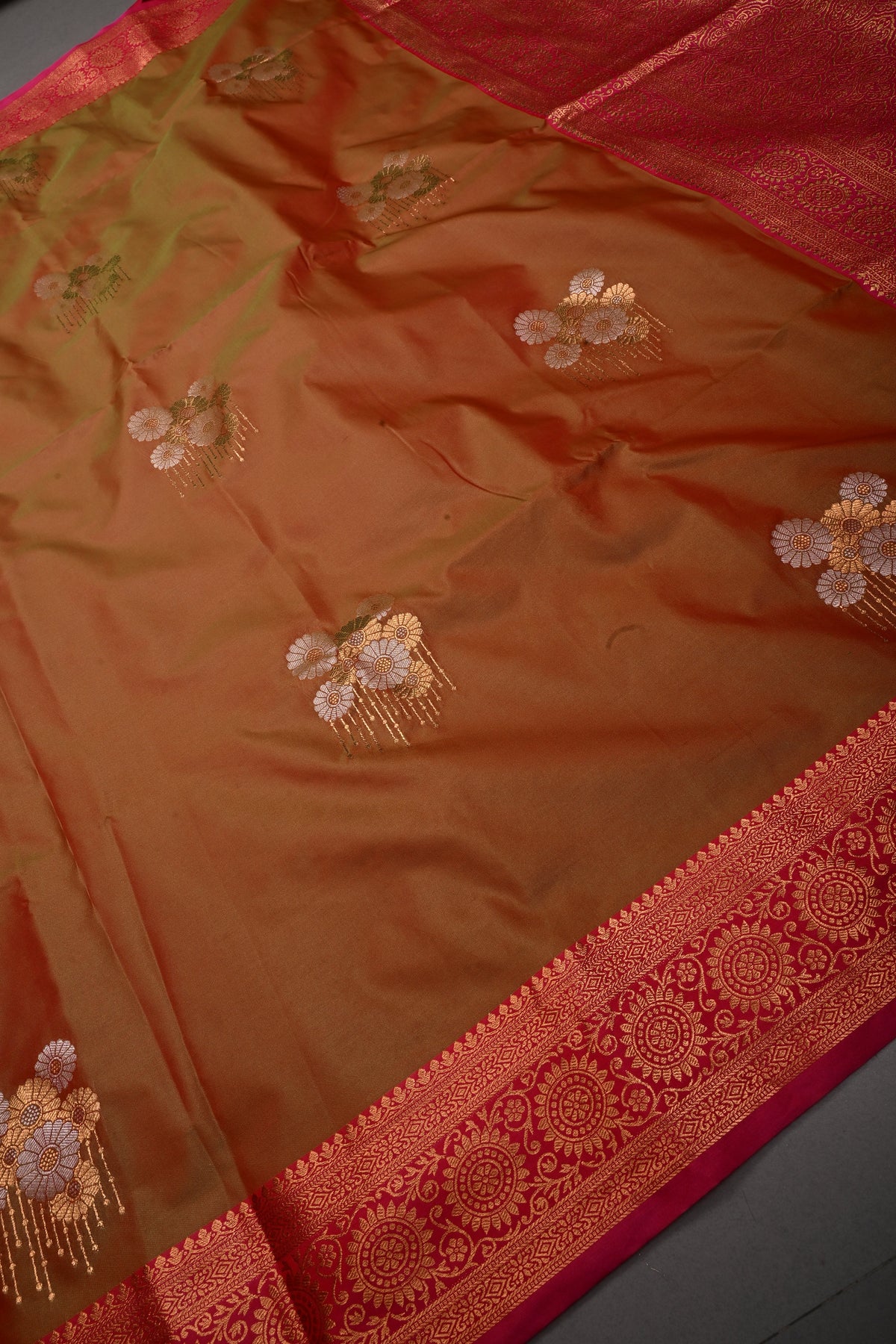 Pink-Green Dual Tone Kanchi Semi Silk Saree with Sona Rupa Butta and Zari Border | SHOBITAM