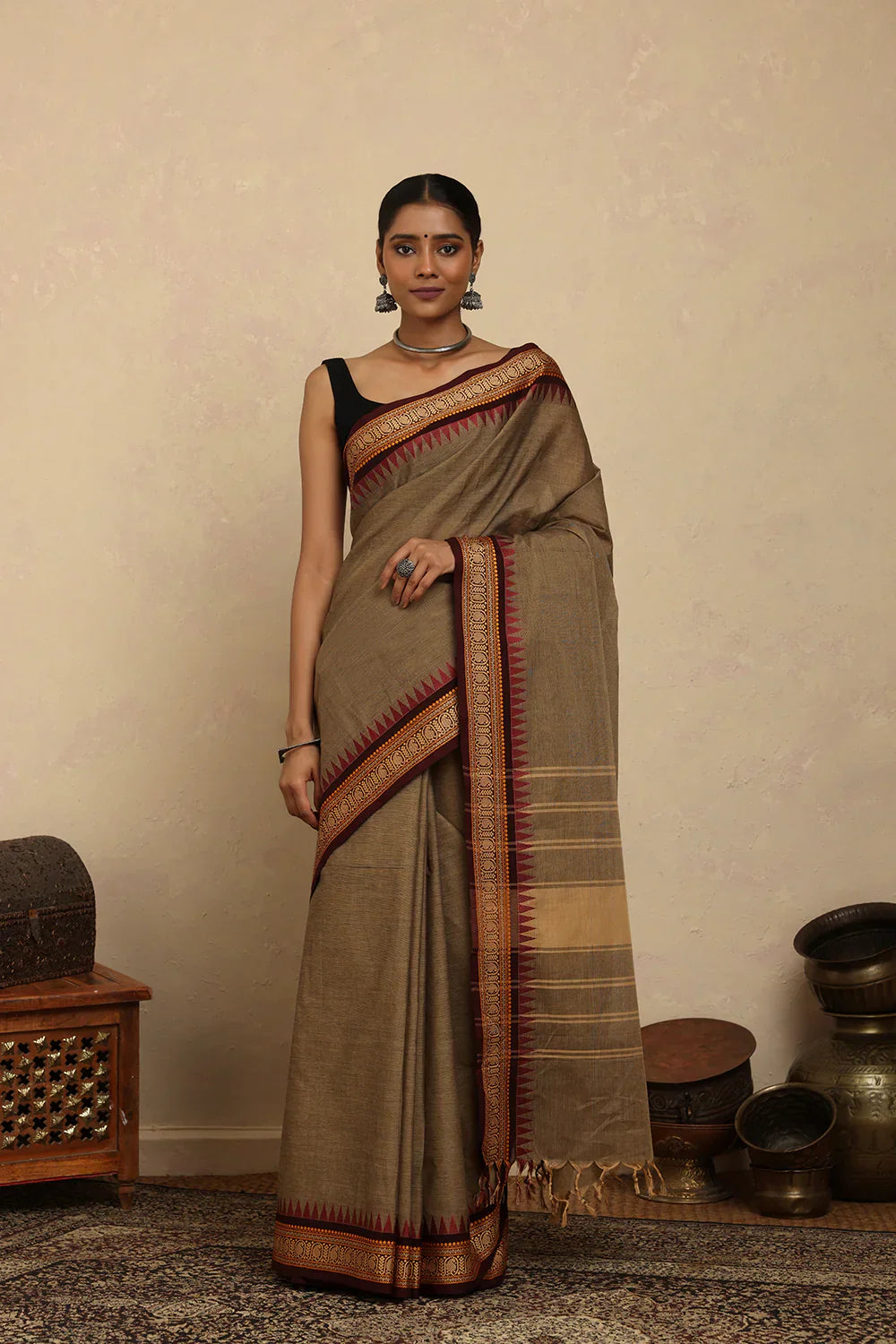Light Brown Kanchi Cotton Saree | Shobitam