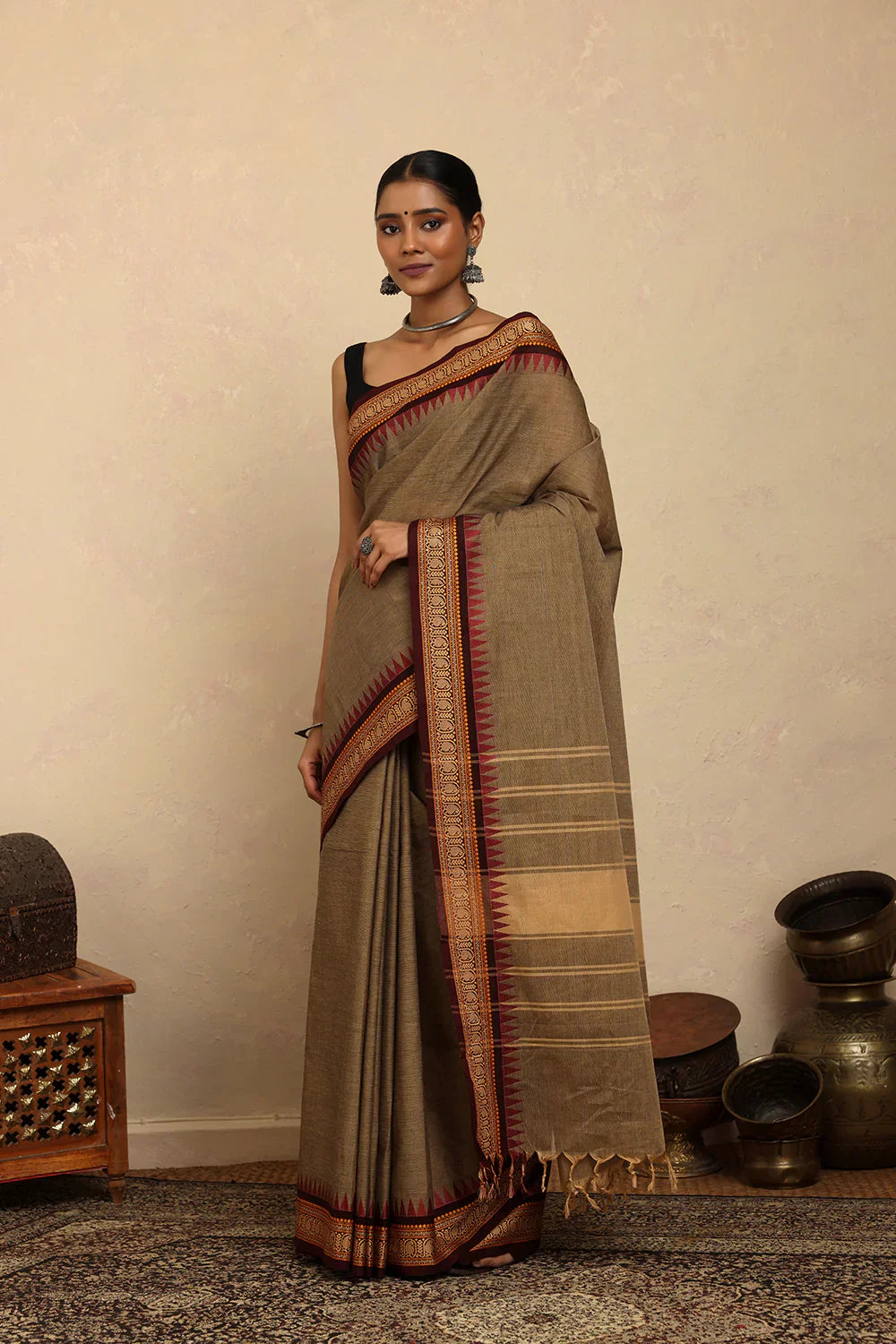 Light Brown Kanchi Cotton Saree | Shobitam