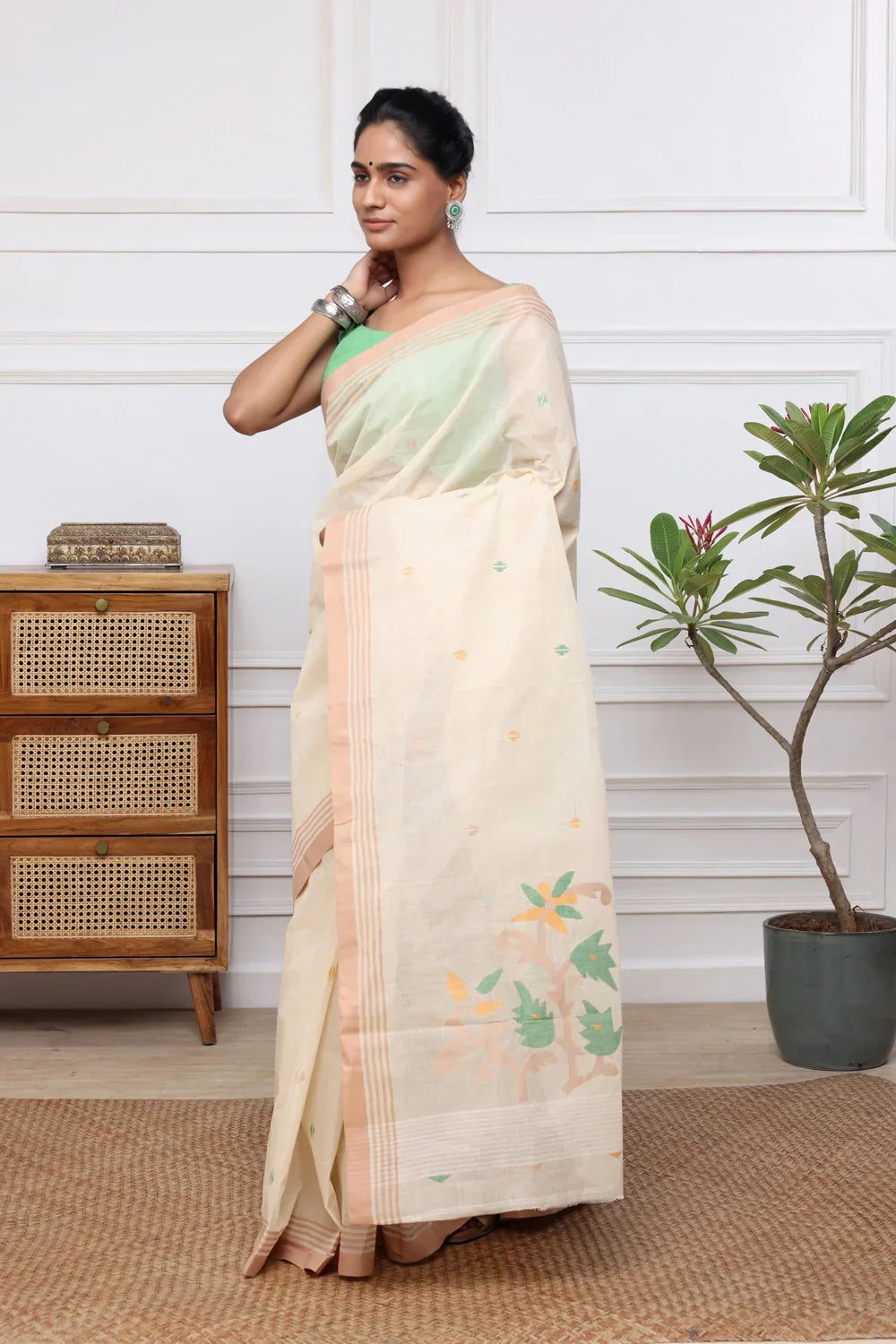 Handloom Beige Pure Cotton Jamdani Saree with Multi Colour Floral Motifs | Shobitam
