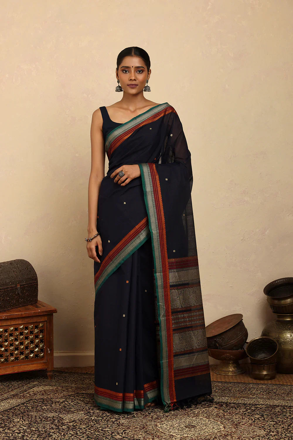 Handloom Navy Blue Kanchi Cotton Saree | Shobitam