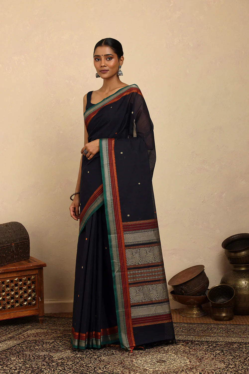 Handloom Navy Blue Kanchi Cotton Saree | Shobitam