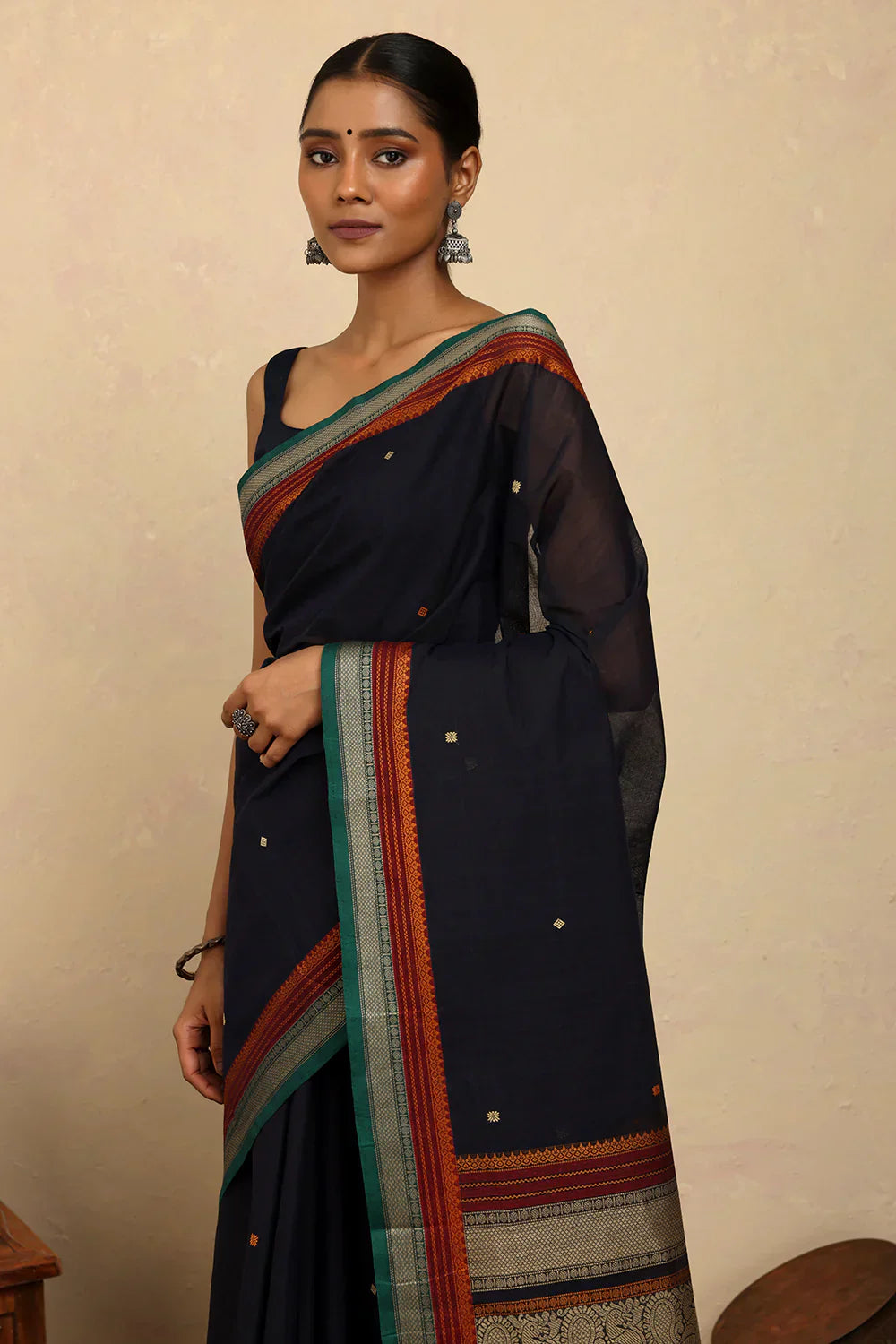 Handloom Navy Blue Kanchi Cotton Saree | Shobitam
