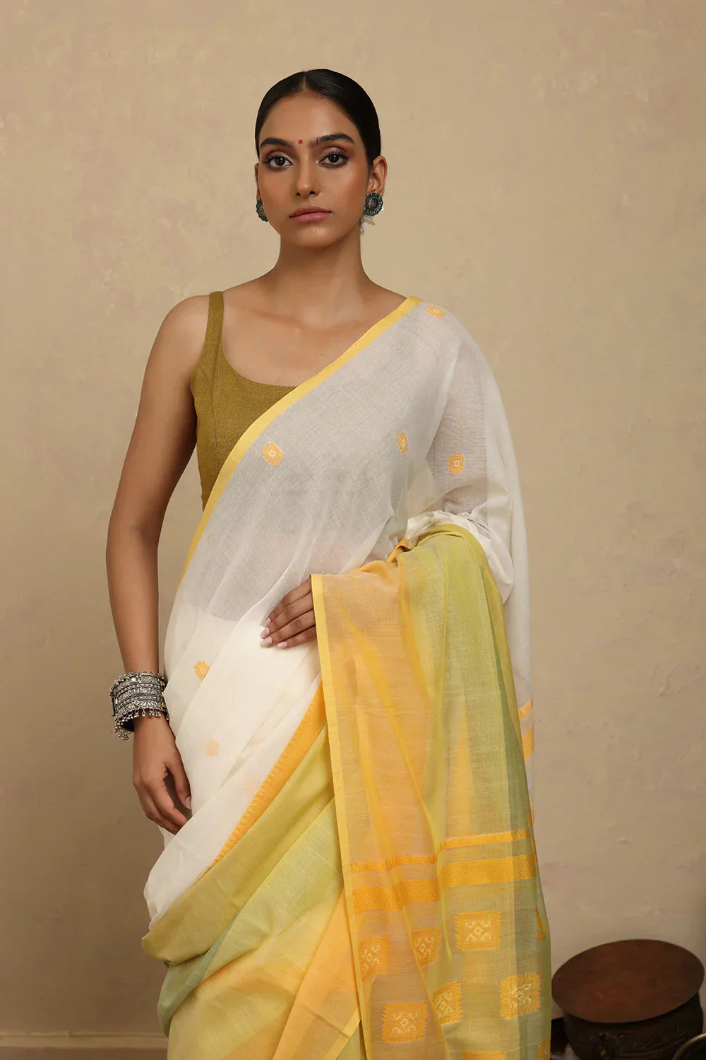 Handloom White and Yellow Pure Cotton Jamdani Saree | Shobitam