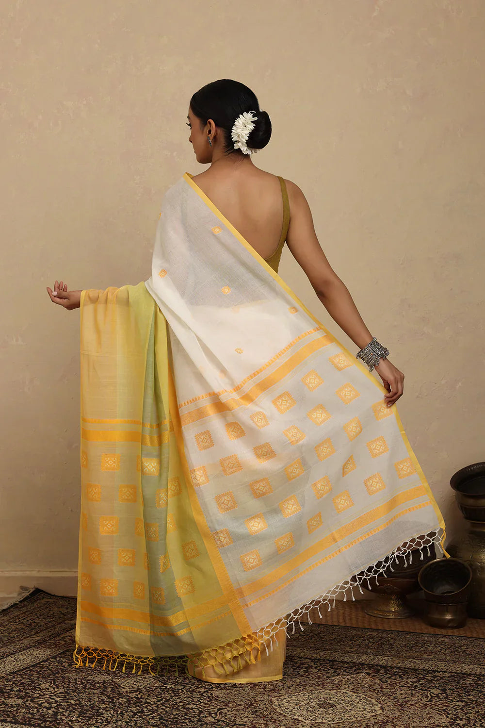 Handloom White and Yellow Pure Cotton Jamdani Saree | Shobitam