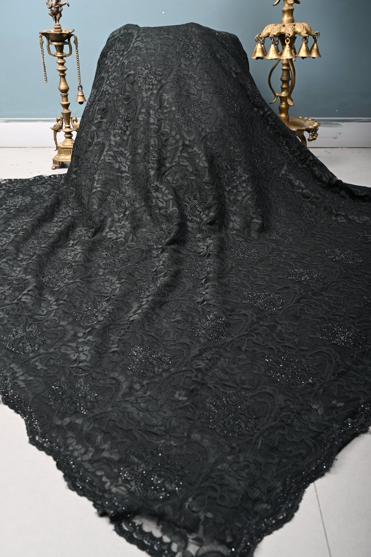 BLACK MAJESTY : Net Chenille Lace Saree with Tone on Tone Powder Stones Work and Scallop Border | SHOBITAM