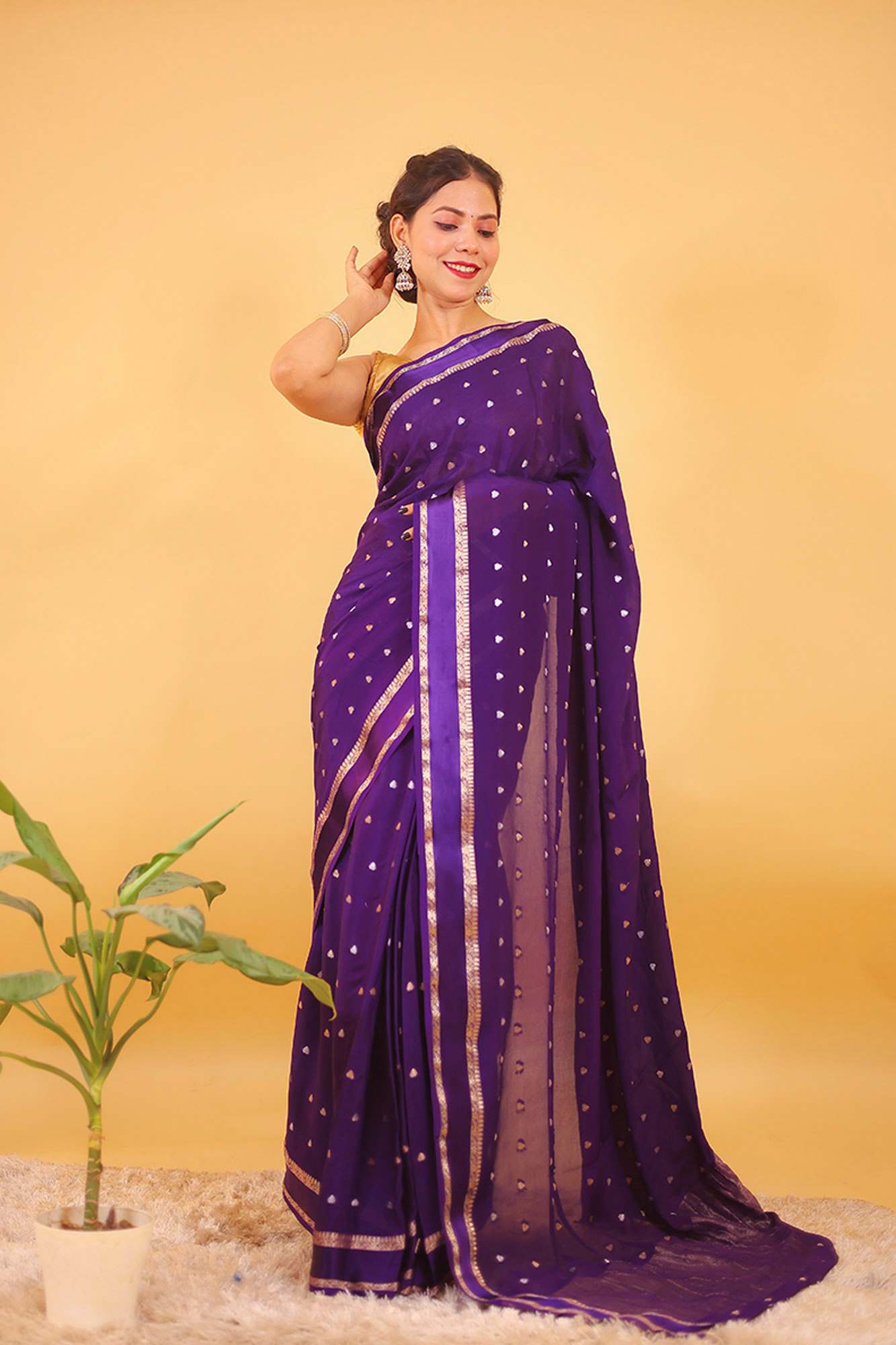 Purple Viscose Chinon Georgette Ready To Wear Saree