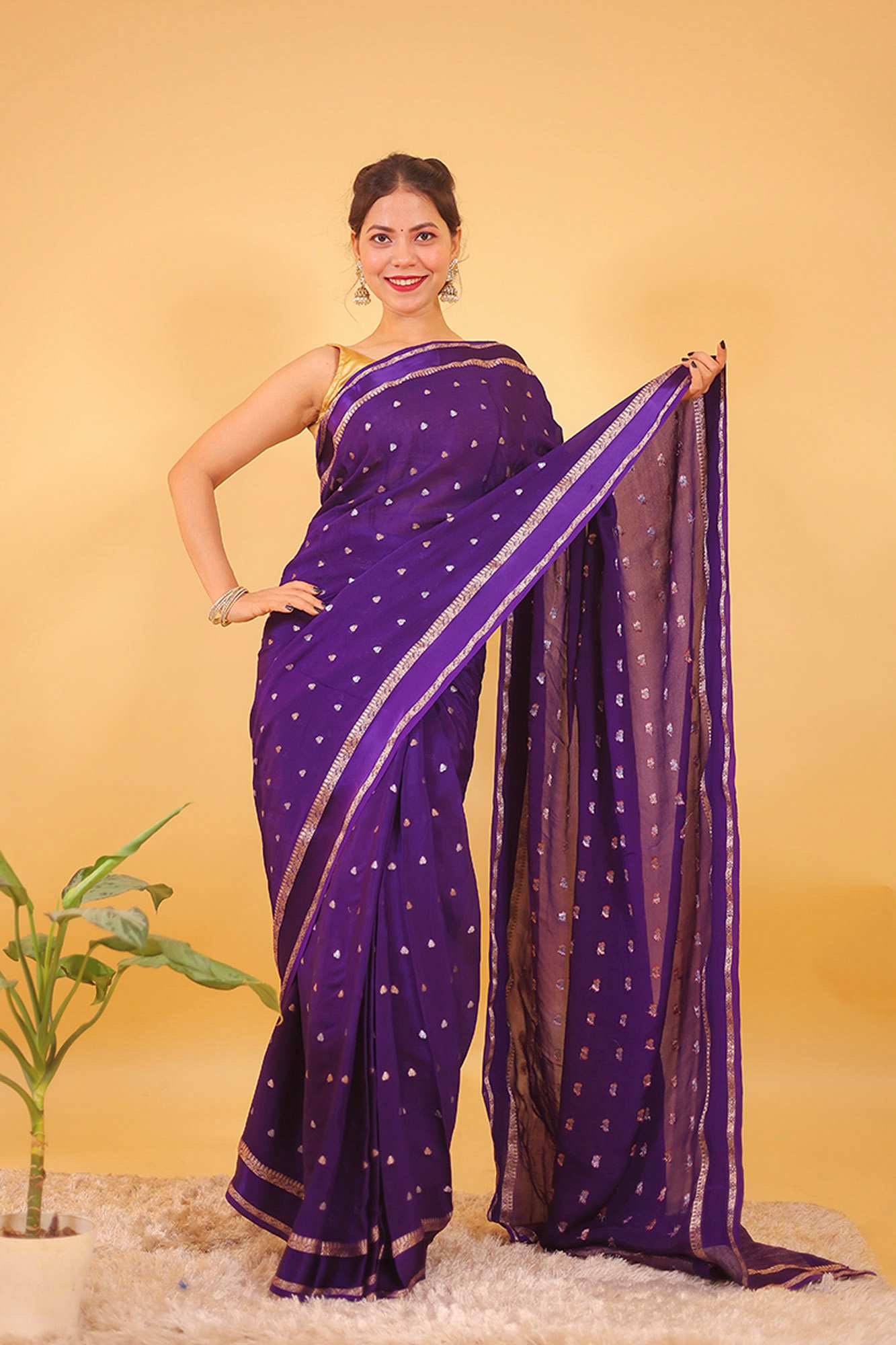 Purple Viscose Chinon Georgette Ready To Wear Saree
