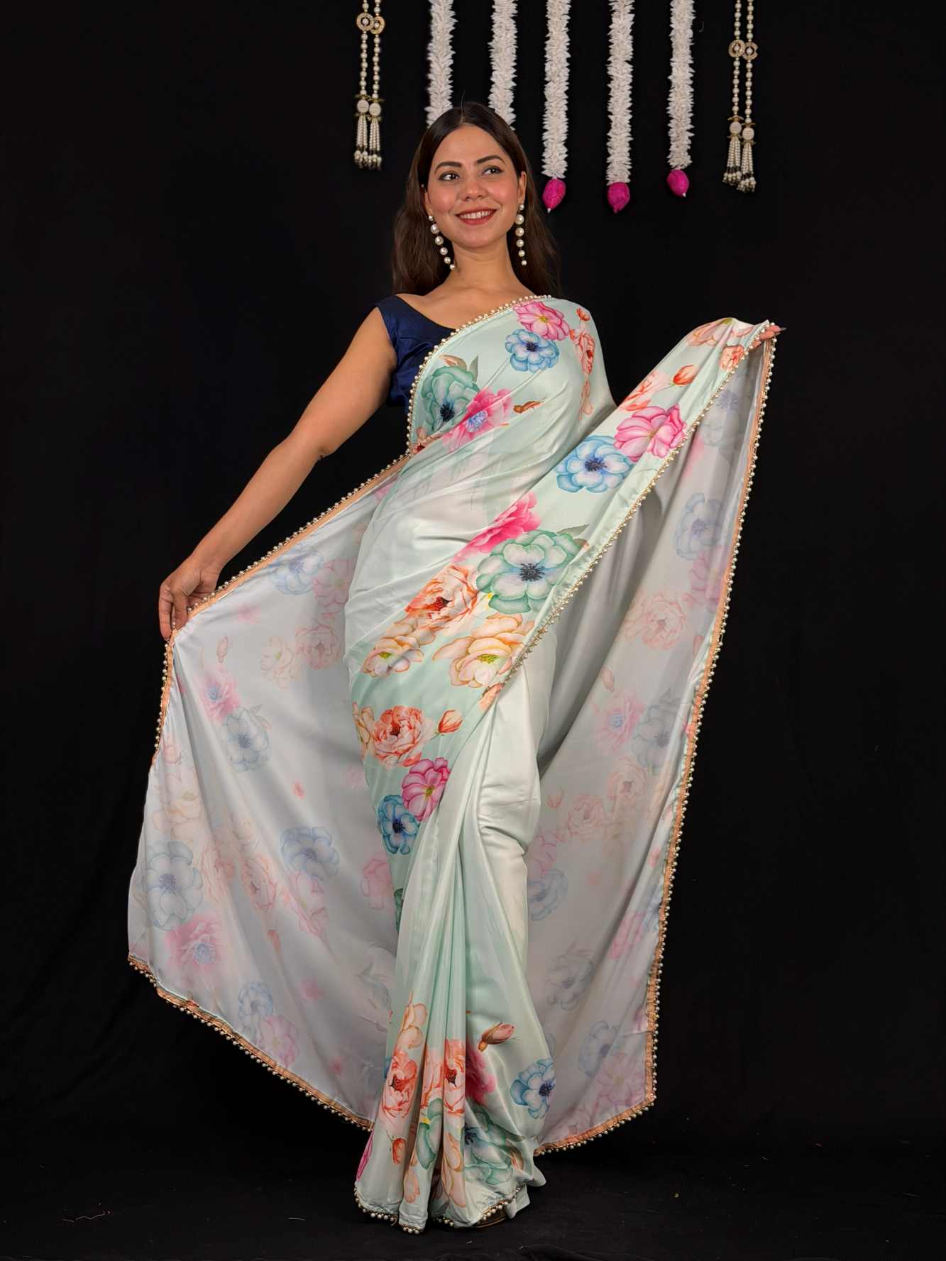 Ready To Wear Saree Floral Printed Soft Satin With Moti Lace