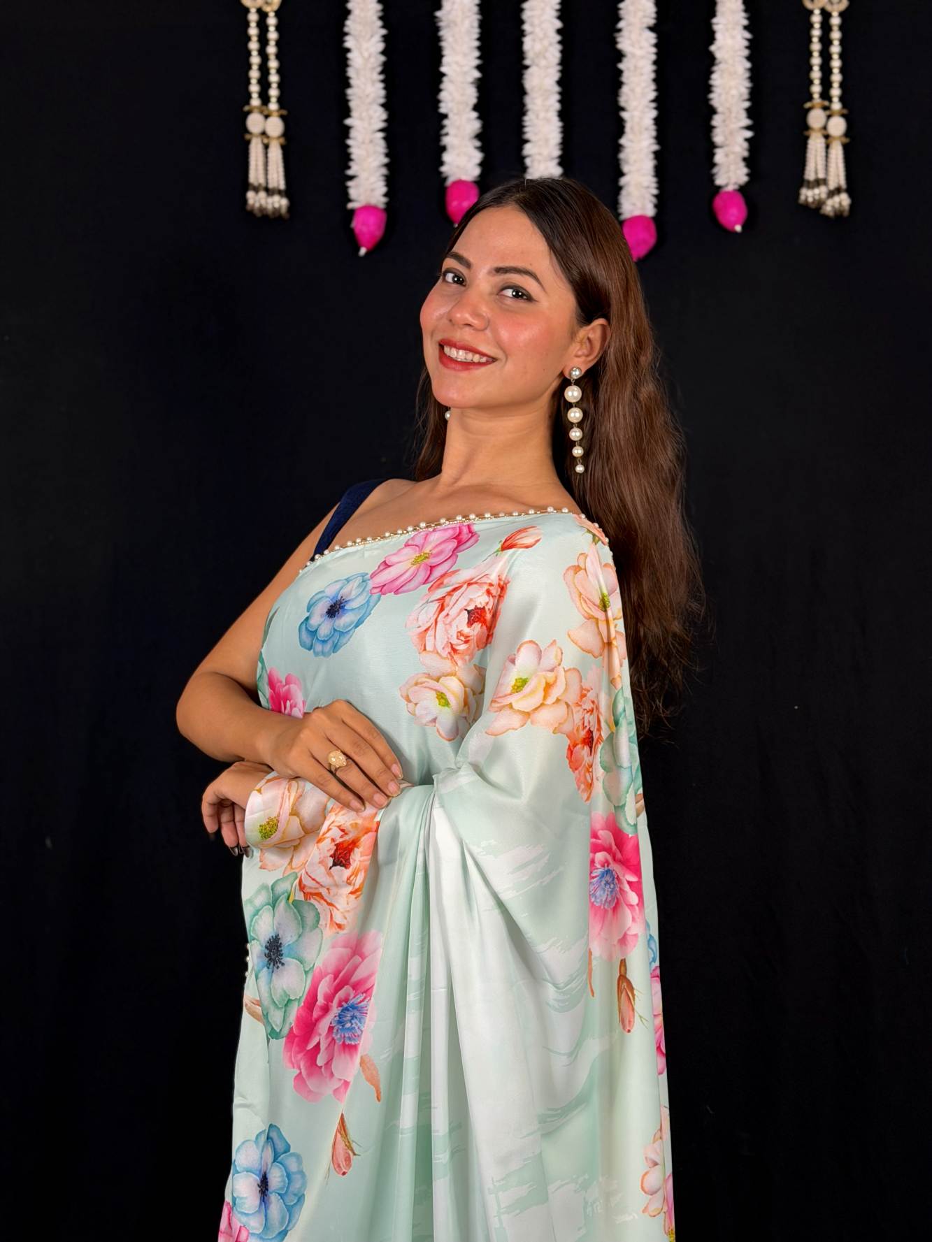 Ready To Wear Saree Floral Printed Soft Satin With Moti Lace