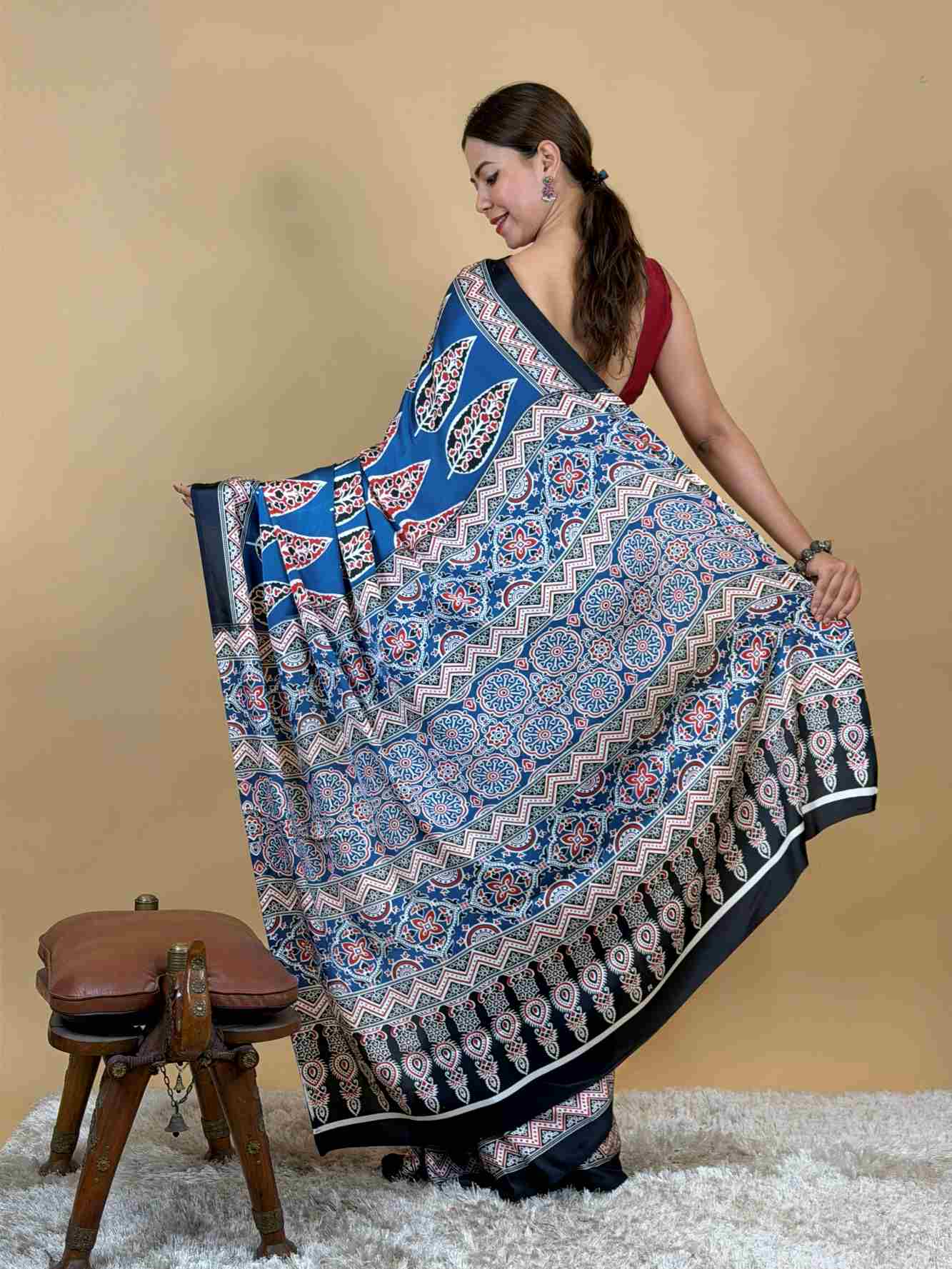 Wrap in one minute saree Ajrak Mill Printed Japan Satin Silk
