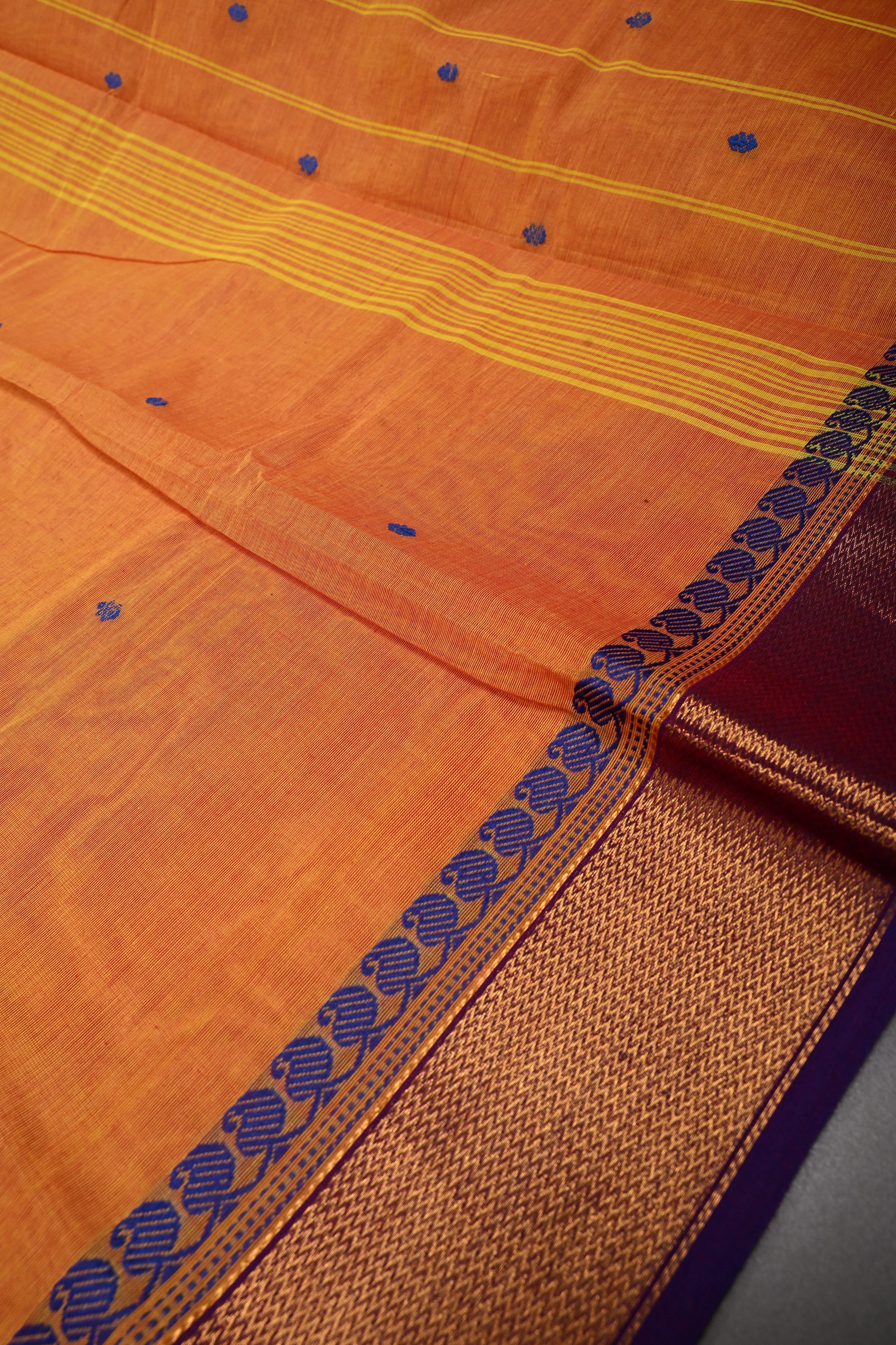 Mustard Orange Kanchi Cotton Saree with Thread Buttas and Contrast Zari Borders | SHOBITAM