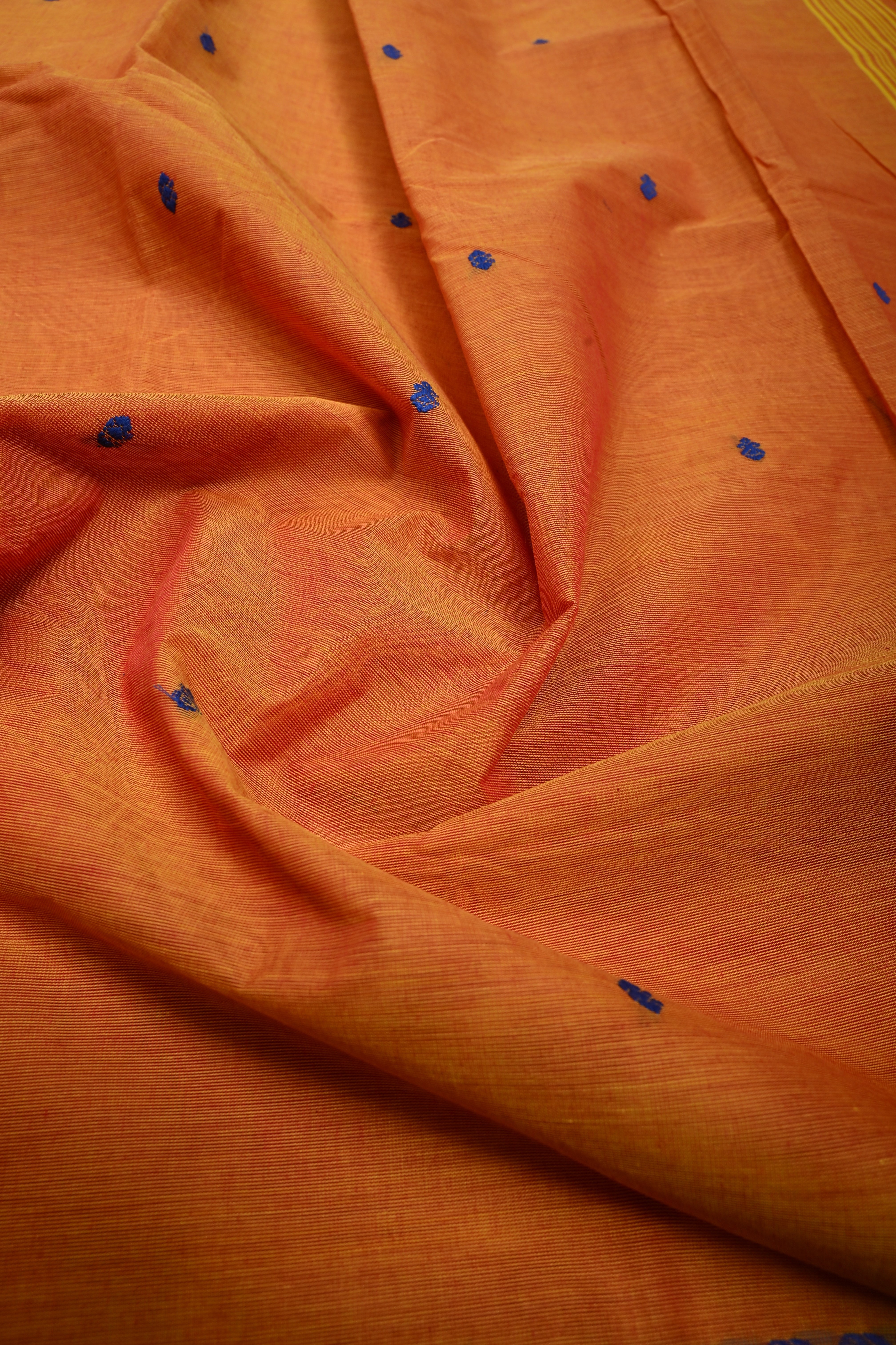 Mustard Orange Kanchi Cotton Saree with Thread Buttas and Contrast Zari Borders | SHOBITAM