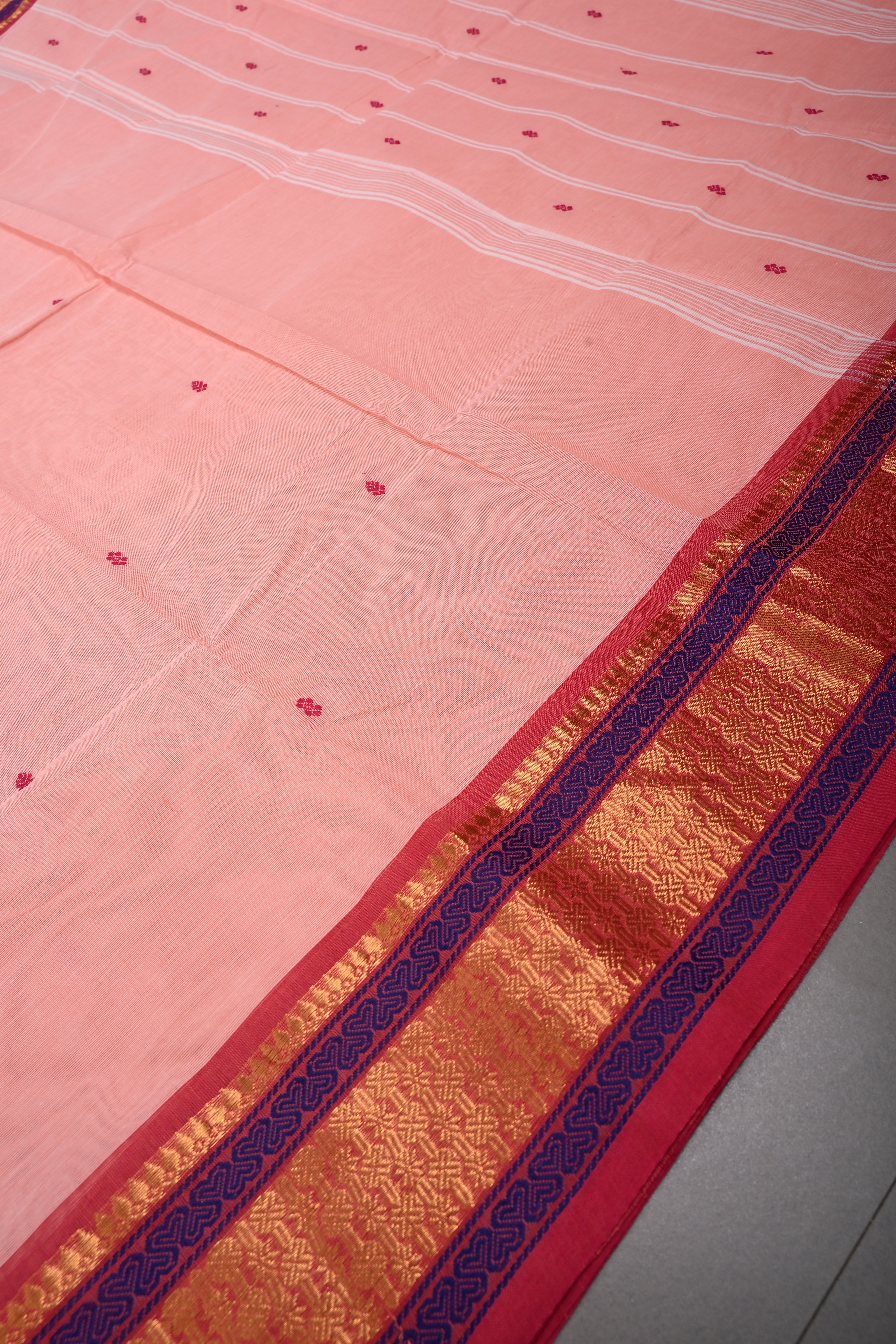 Rose Pink Kanchi Cotton Saree with Thread Buttas and Contrast Zari Borders | SHOBITAM