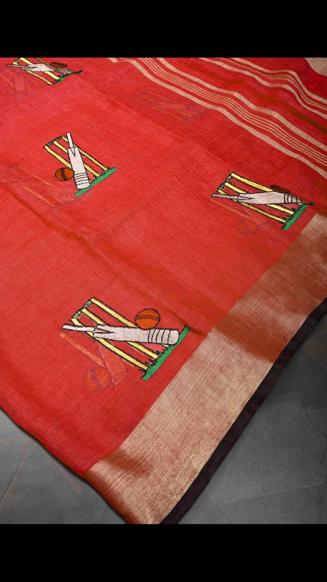 Cricket Set Theme : Red Pure Linen by Linen Saree with Embroidery and Zari Border | Shobitam