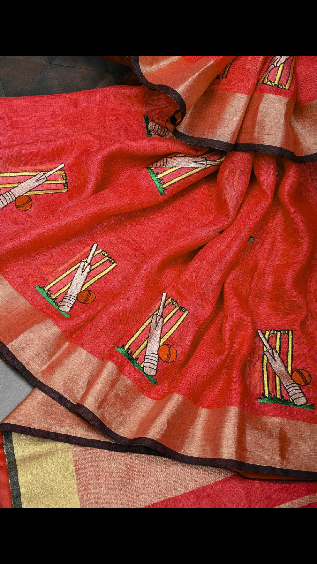 Cricket Set Theme : Red Pure Linen by Linen Saree with Embroidery and Zari Border | Shobitam