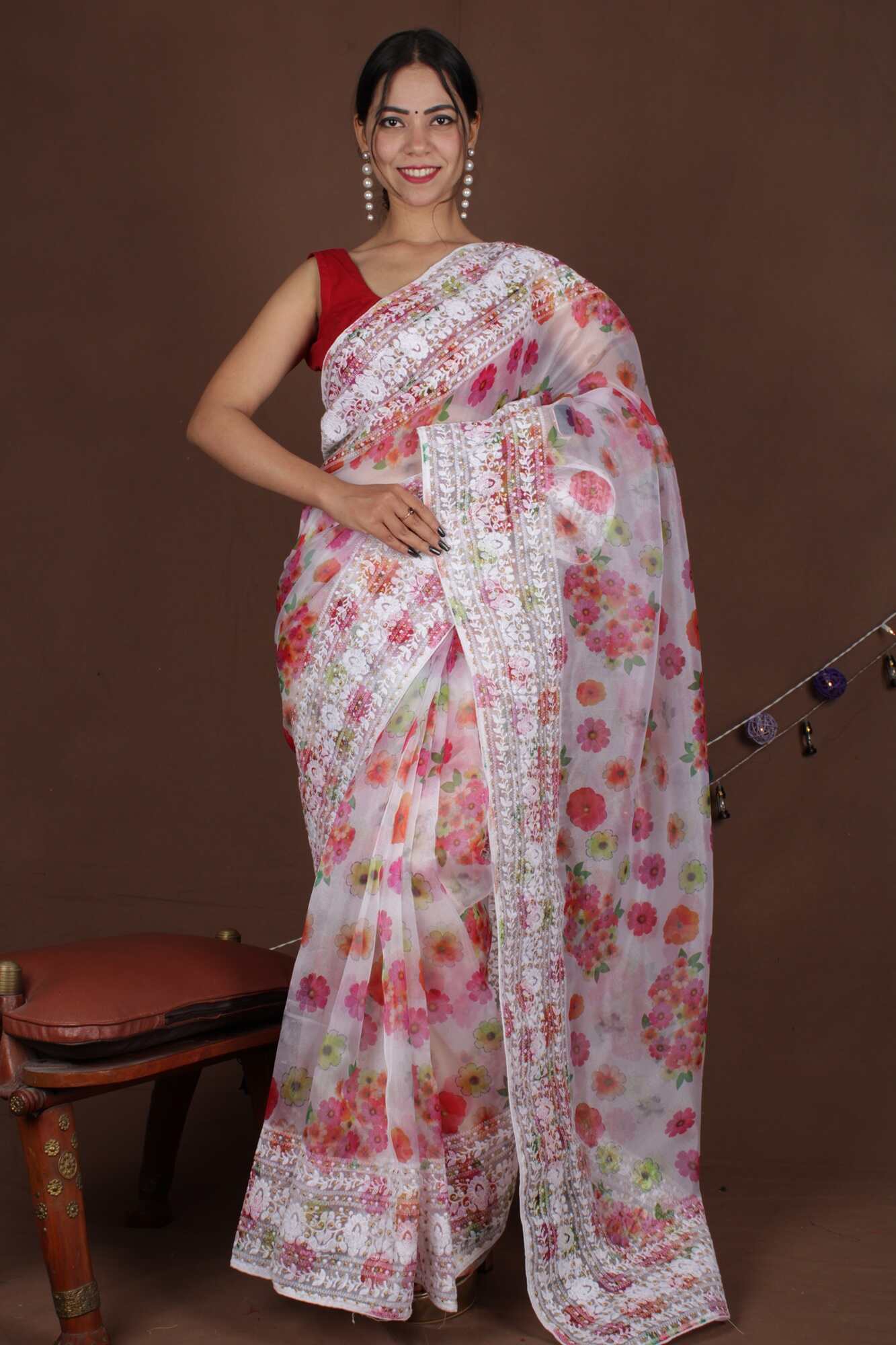 Readymade Saree Floral Embroidered Organza Ready to Wear One Minute Saree with Stitched Blouse - Isadora Life Online Shopping Store