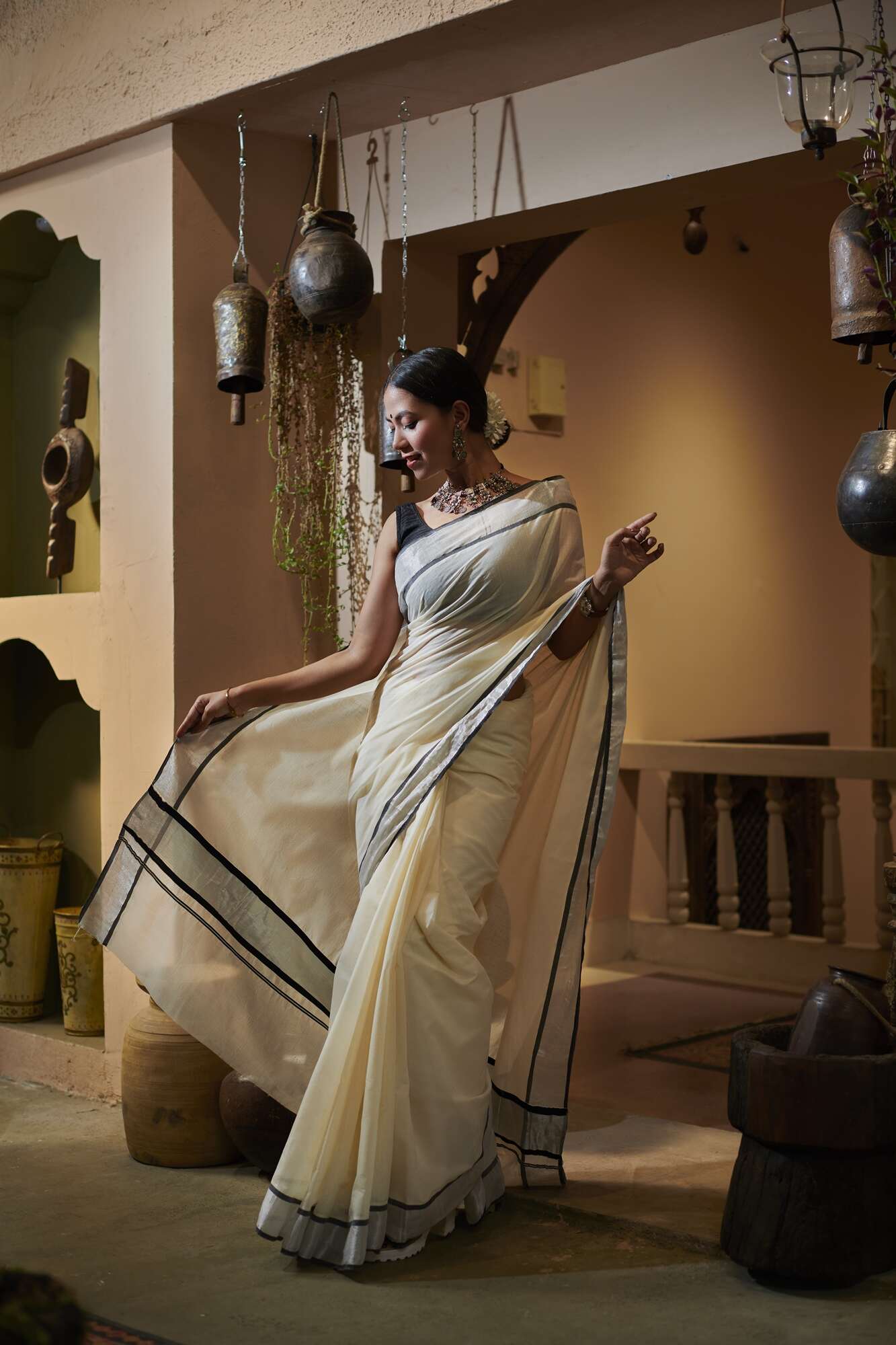 Ready To Wear Beautiful Kerala Kasavu Tissue Cotton with Zari Border Wrap in 1 minute saree With Readymade Blouse - Isadora Life Online Shopping Store