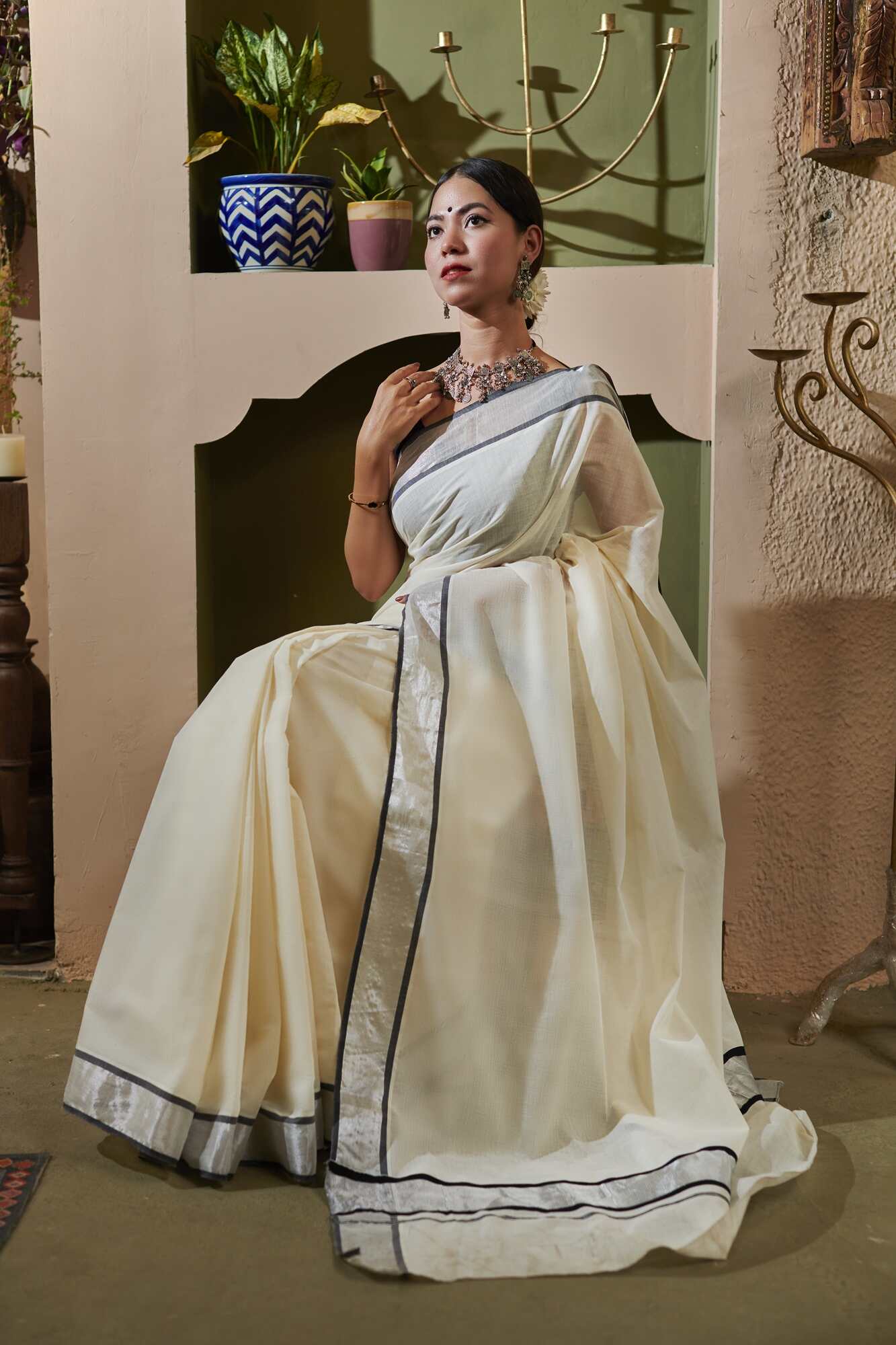 Ready To Wear Beautiful Kerala Kasavu Tissue Cotton with Zari Border Wrap in 1 minute saree With Readymade Blouse - Isadora Life Online Shopping Store