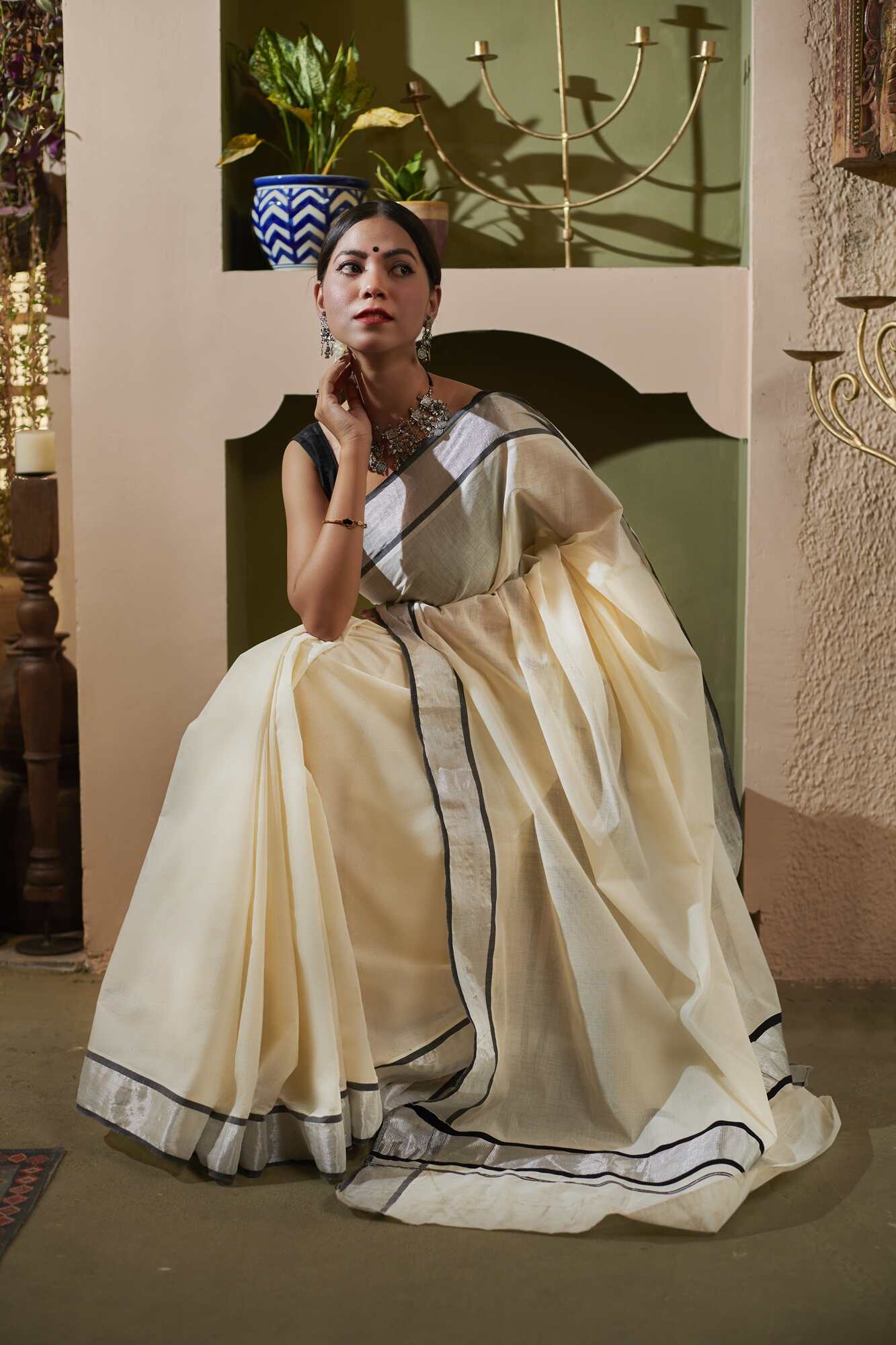 Ready To Wear Beautiful Kerala Kasavu Tissue Cotton with Zari Border W Ready To Wear Beautiful Kerala Kasavu Tissue Cotton with Zari Border W