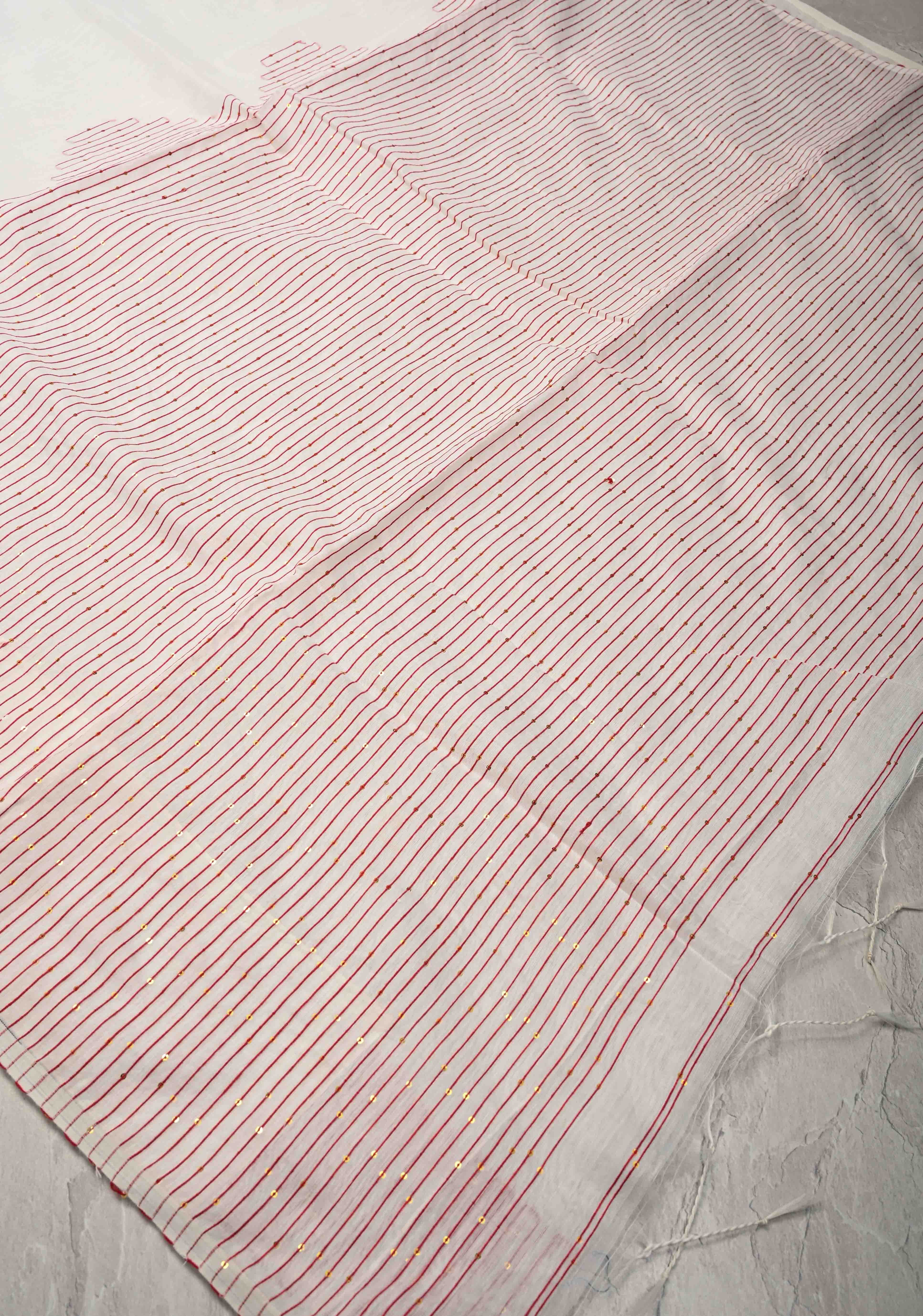 White Cotton Blend Saree with Sequins Border and Pallu | Shobitam