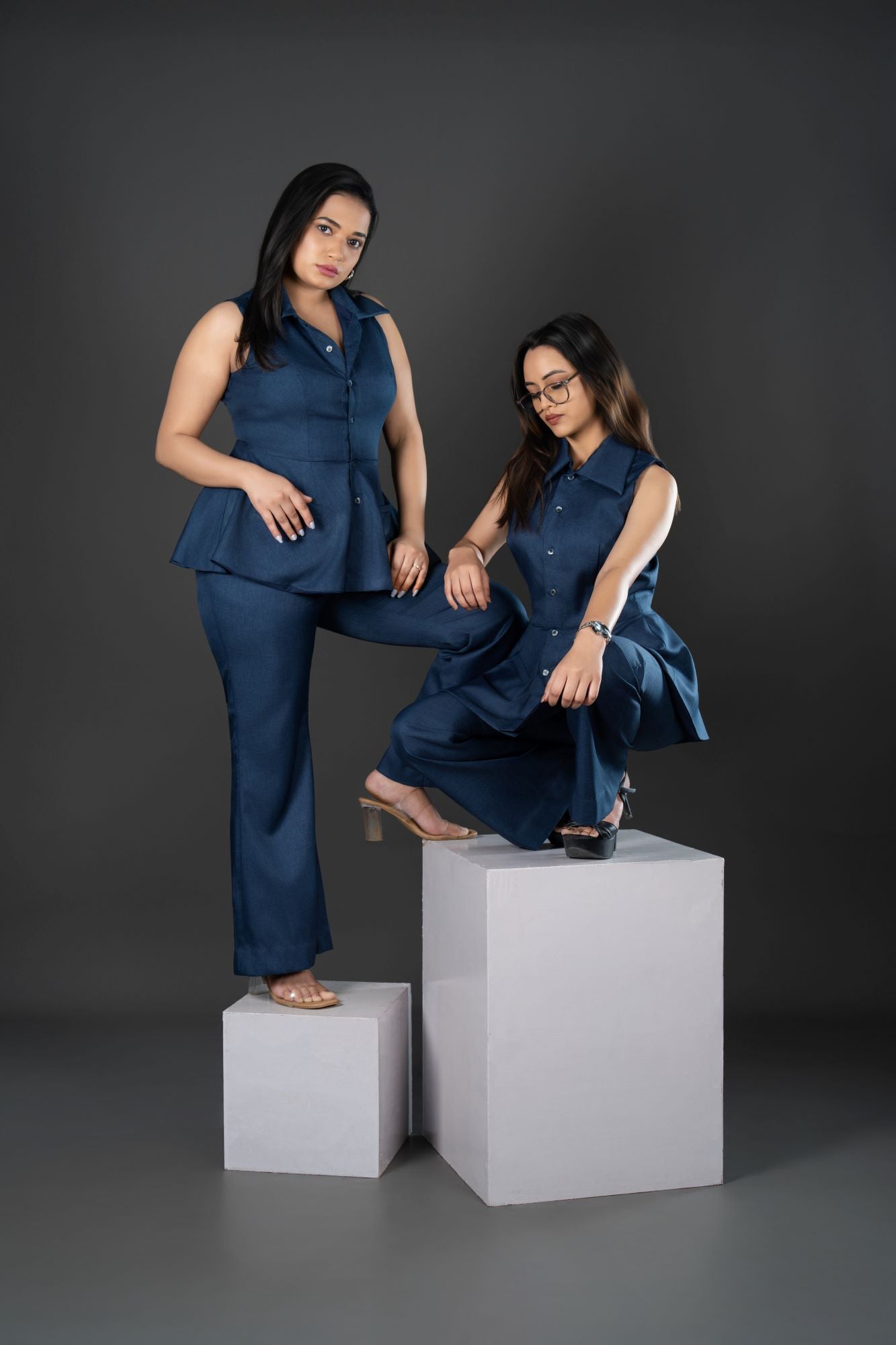 High-Waisted Tailored Trousers in Premium Poly Viscose Suiting Navy Bell Bottom Pants