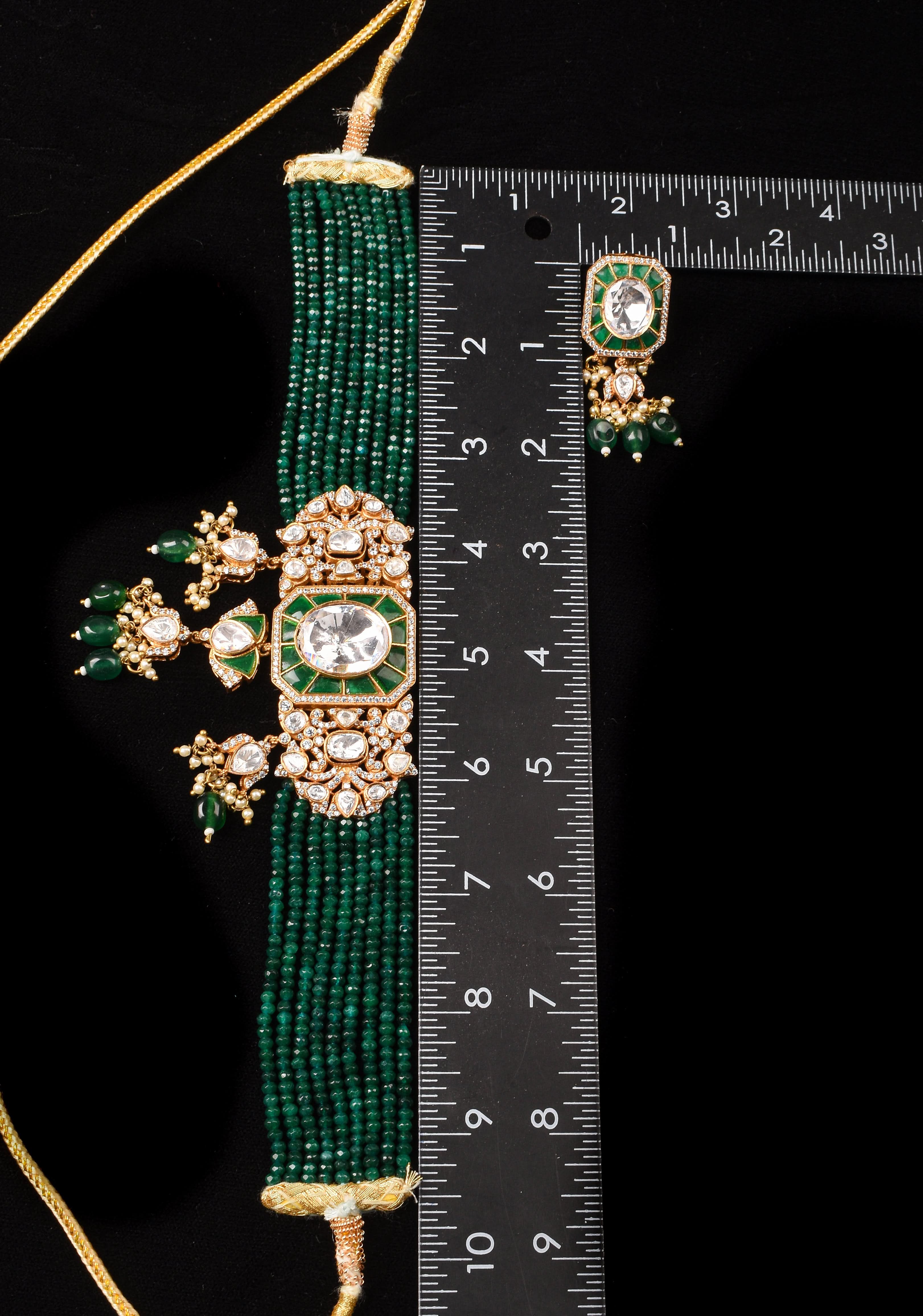 Green and White Moissanite stone Green Choker Set with 9 Strand Sides | Shobitam