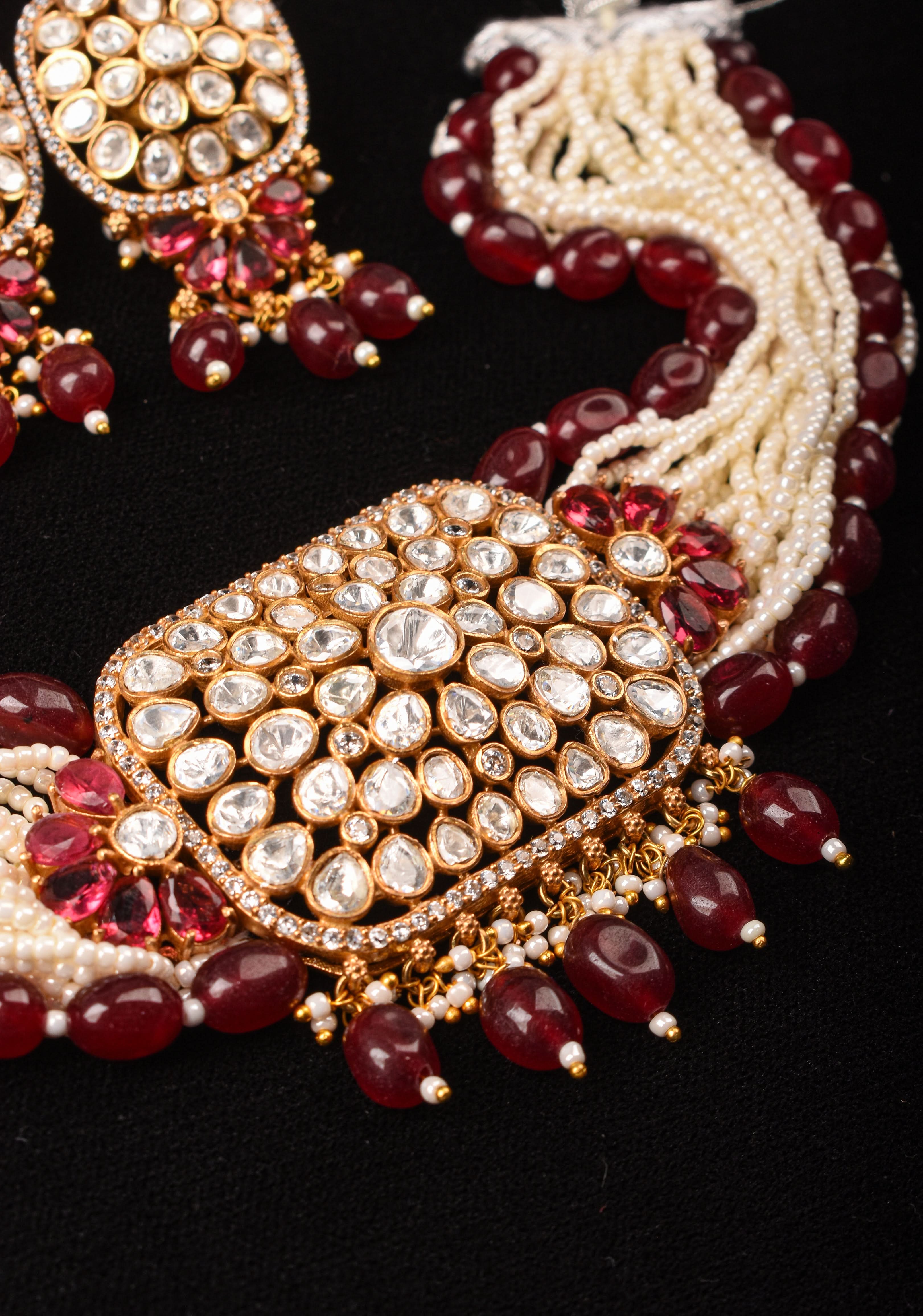 Kundan Multistrand White beads Necklace Set with Maroon Dangling Pearl Clusters | Shobitam Jewelry