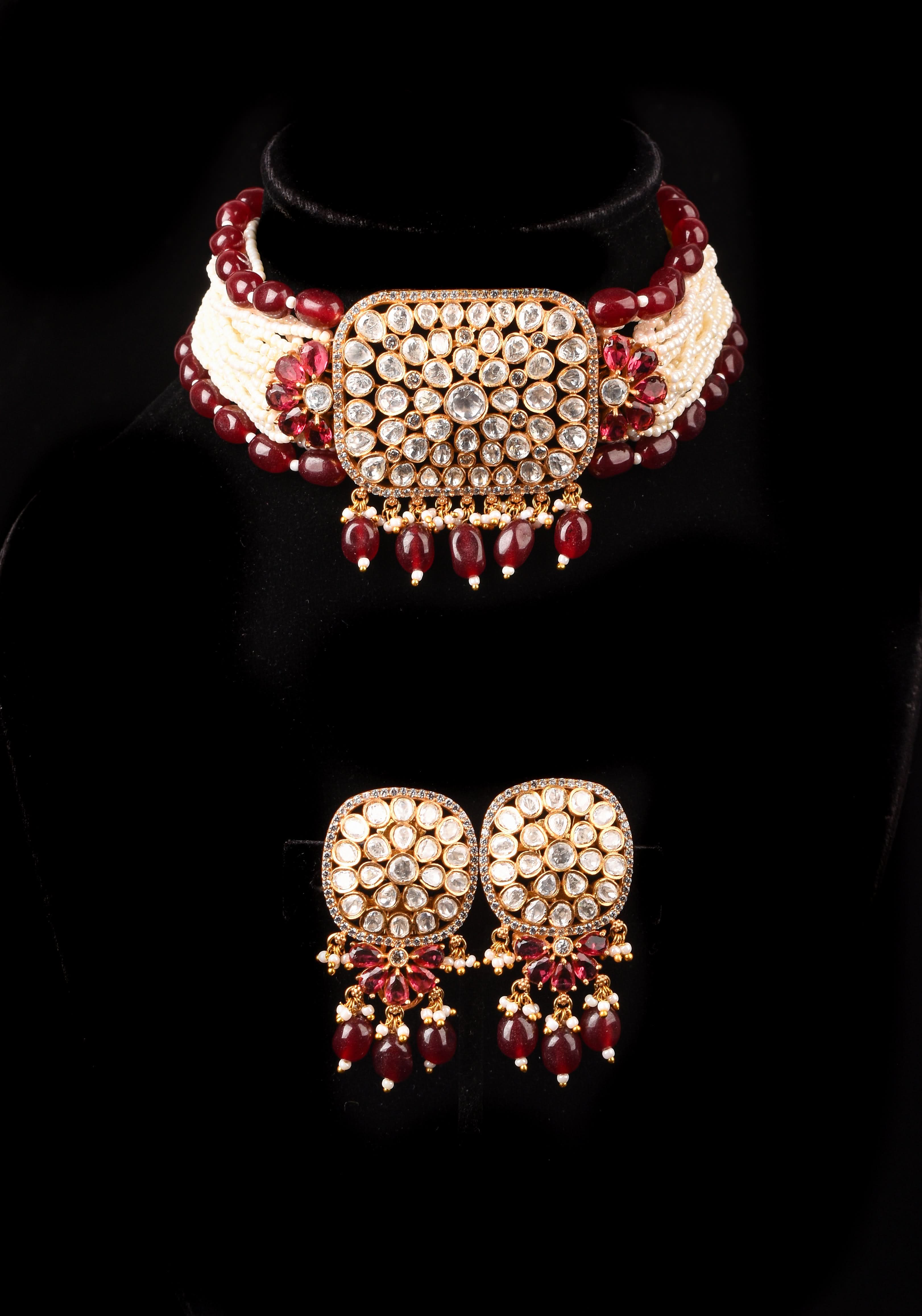 Kundan Multistrand White beads Necklace Set with Maroon Dangling Pearl Clusters | Shobitam Jewelry