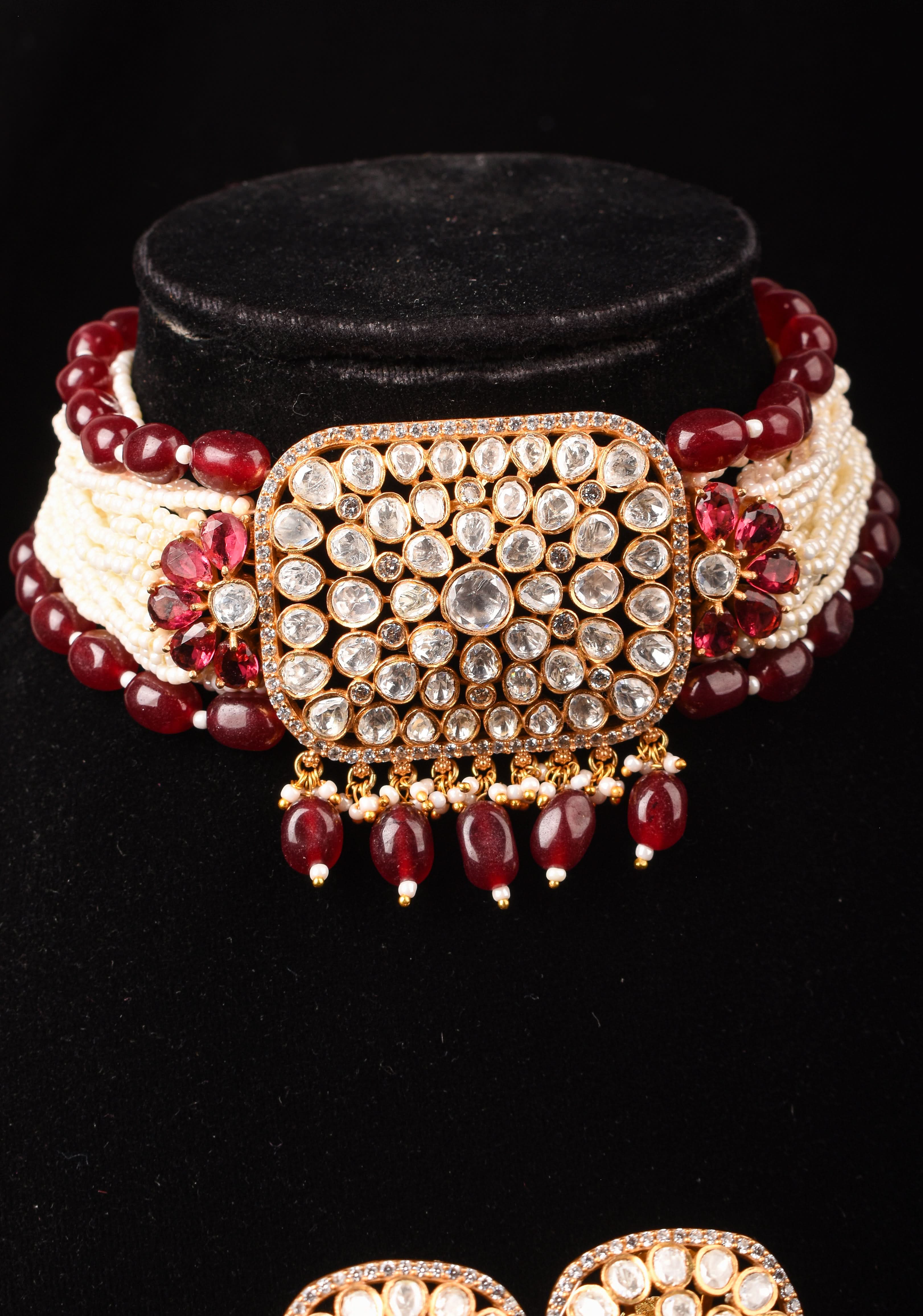 Kundan Multistrand White beads Necklace Set with Maroon Dangling Pearl Clusters | Shobitam Jewelry